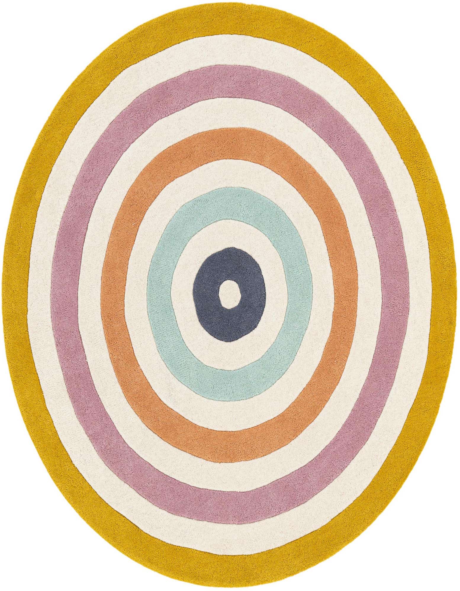 A vibrant 5' 1" round multi-colored wool rug featuring concentric circles in mustard, white, lavender, orange, light blue, and navy.
