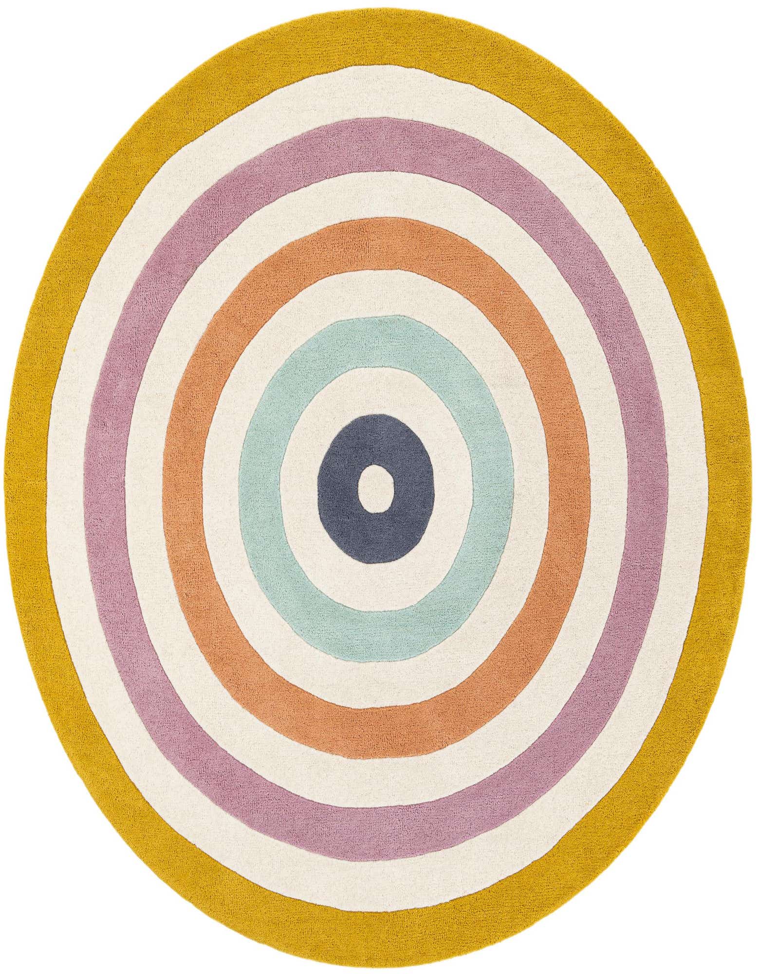 A 6' 1 x 6' 1 round multi-colored wool rug featuring concentric circles in mustard, white, lavender, orange, light blue, and dark blue.