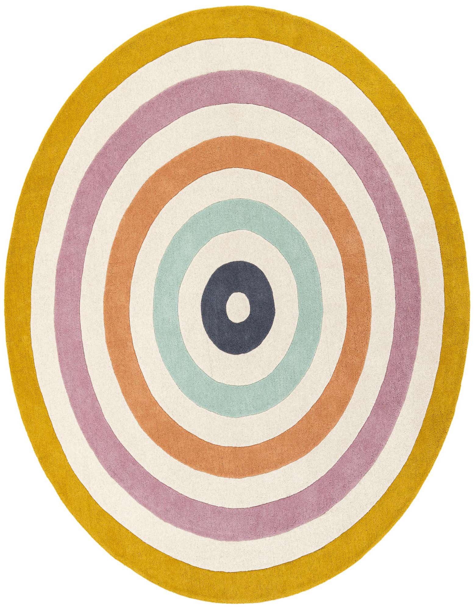 A vibrant 7' 10 round rug with concentric circles in mustard, lavender, orange, mint, and navy, on a cream background.