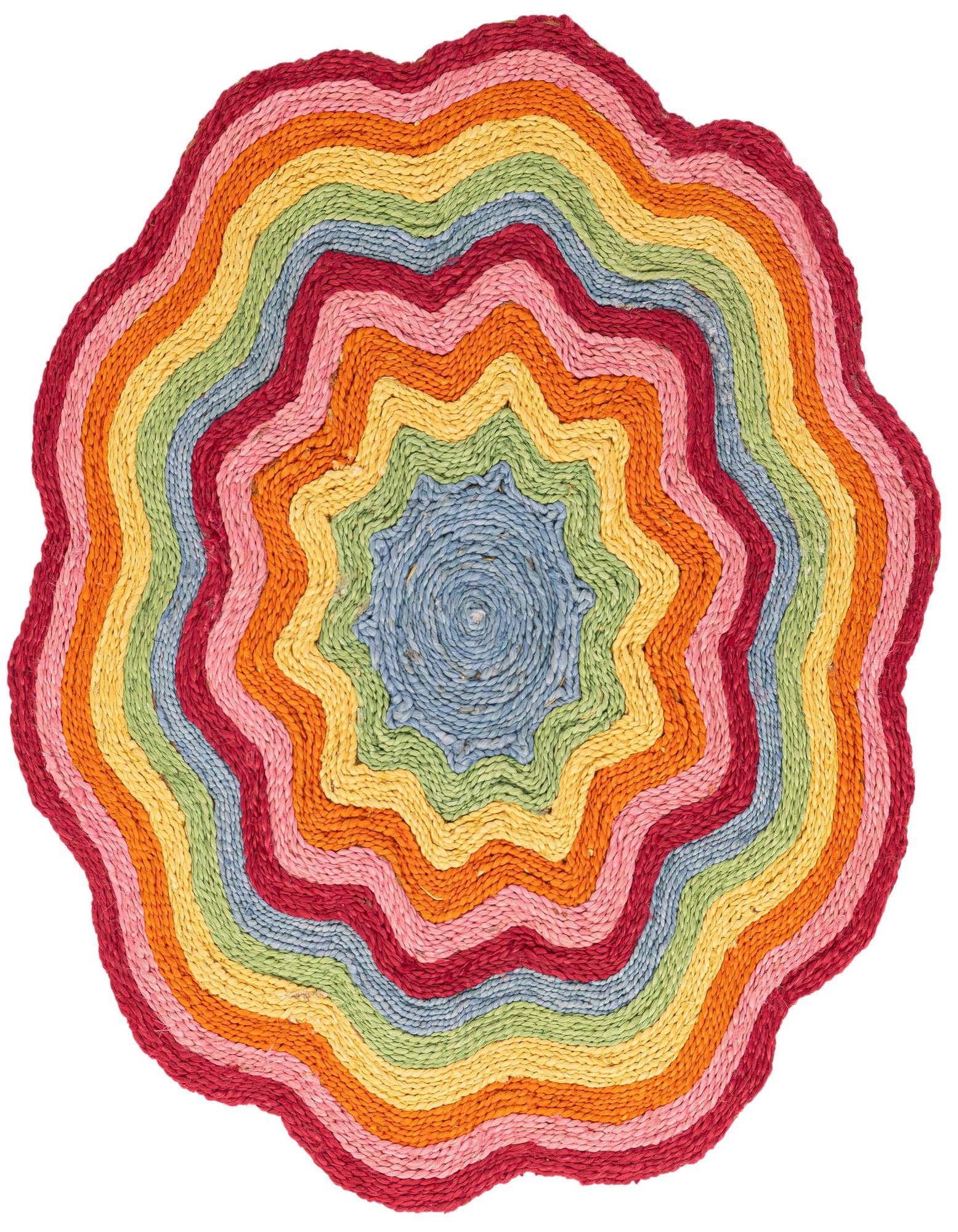 A vibrant 3' 1 x 3' 1 round multi-colored jute rug with wavy, concentric rainbow stripes, perfect for a modern indoor space.