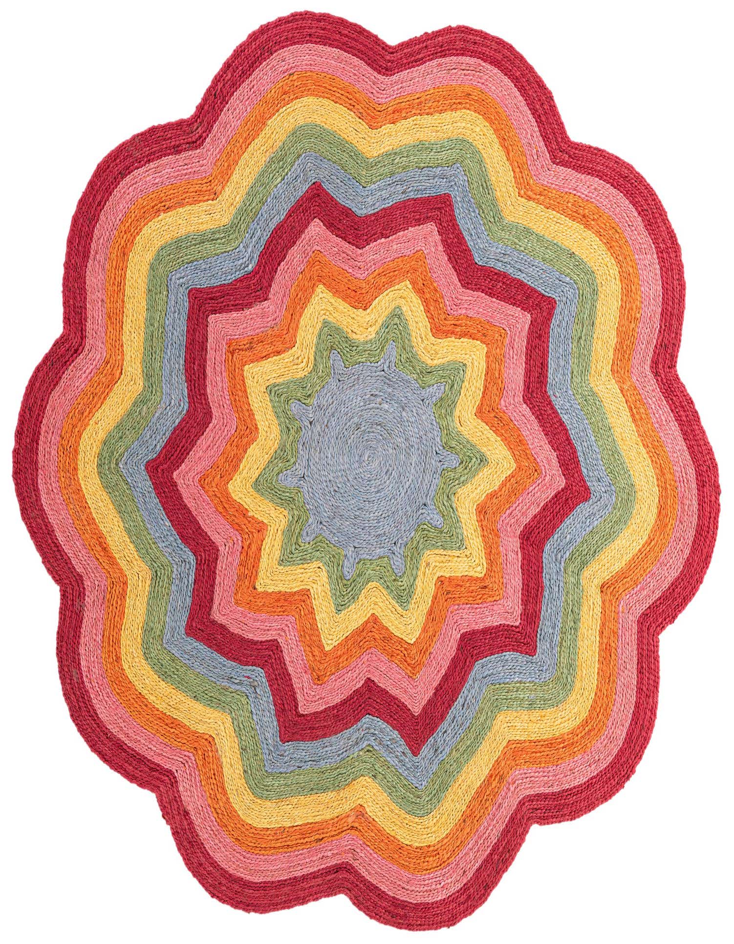 A round, multi-colored jute rug with a wavy, scalloped edge, featuring concentric rings of vibrant colors like red, orange, yellow, green, and blue.