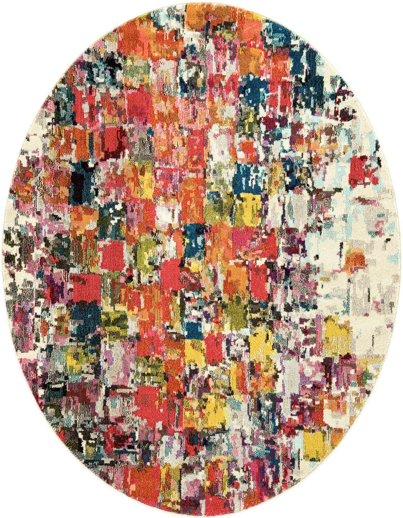 A vibrant 6' round multi-colored rug with an abstract, pixelated pattern in red, blue, yellow, and orange tones on a light background.