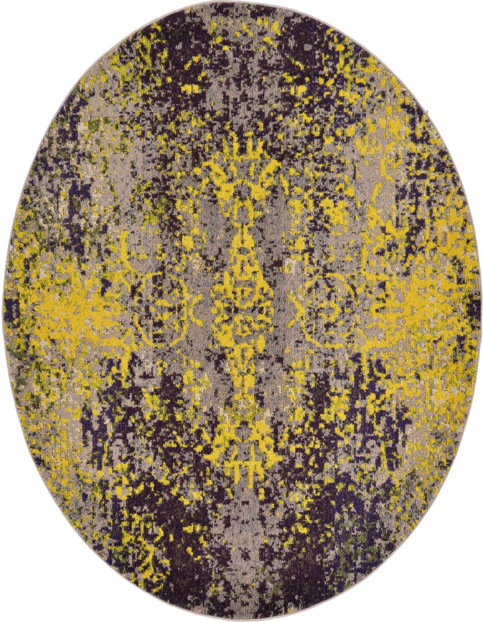 A 6' round rug with an abstract, multi-colored pattern featuring bright yellow, dark purple, and grey tones.