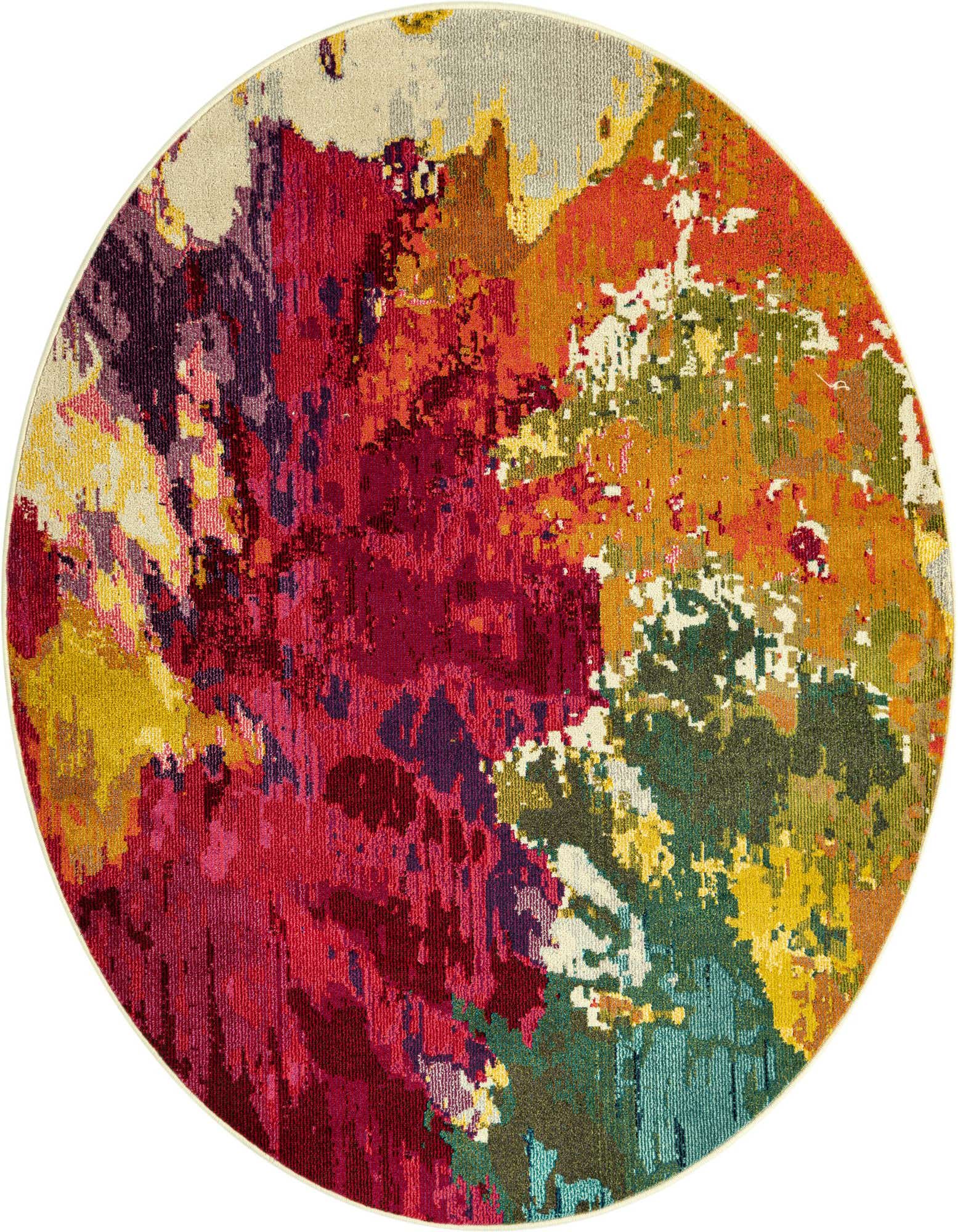 A vibrant 6' round multi-colored rug with an abstract botanical pattern, featuring shades of red, orange, green, yellow, and blue.