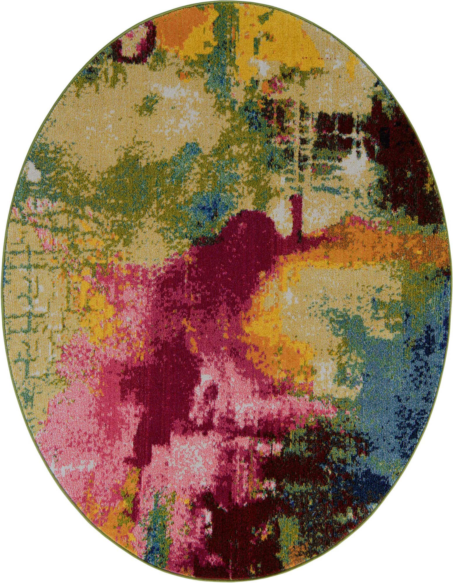 A vibrant 5'3" round multi-colored abstract rug with splashes of pink, yellow, blue, and green.