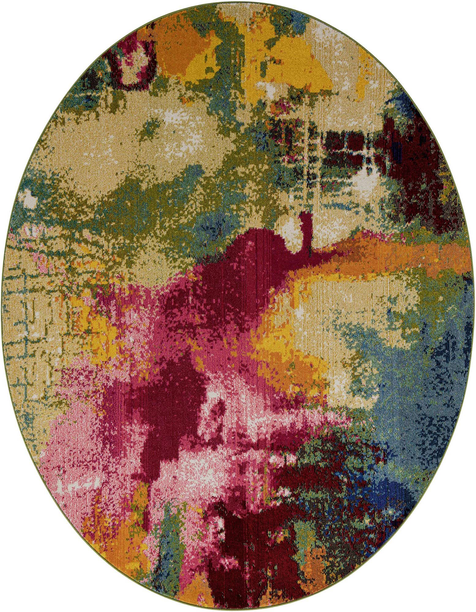 A vibrant 7' 10 round abstract rug with splashes of fuchsia, yellow, blue, and green, perfect for a modern indoor space.