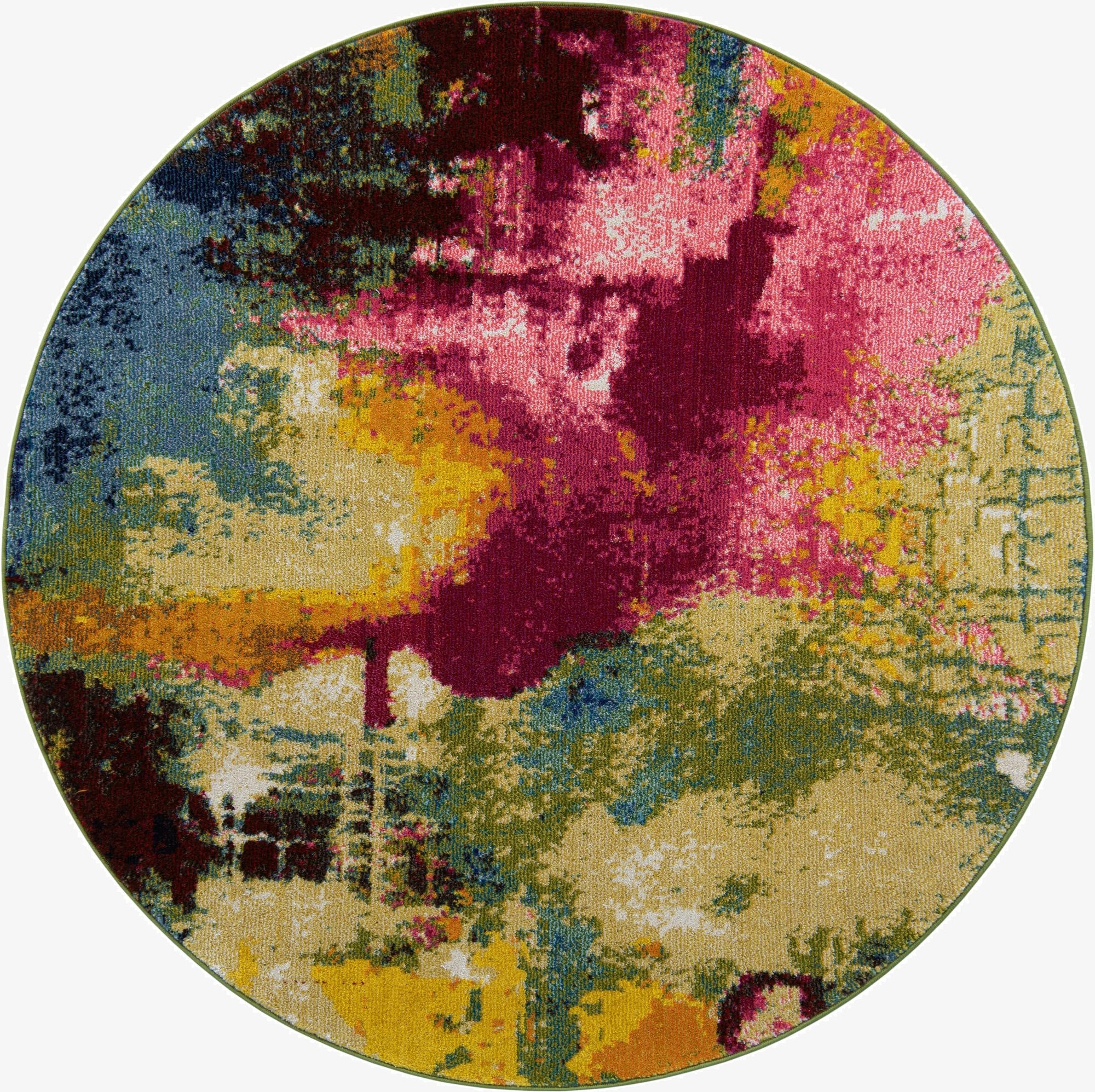 A vibrant, multi-colored round rug with an abstract floral pattern in shades of pink, yellow, blue, and green.