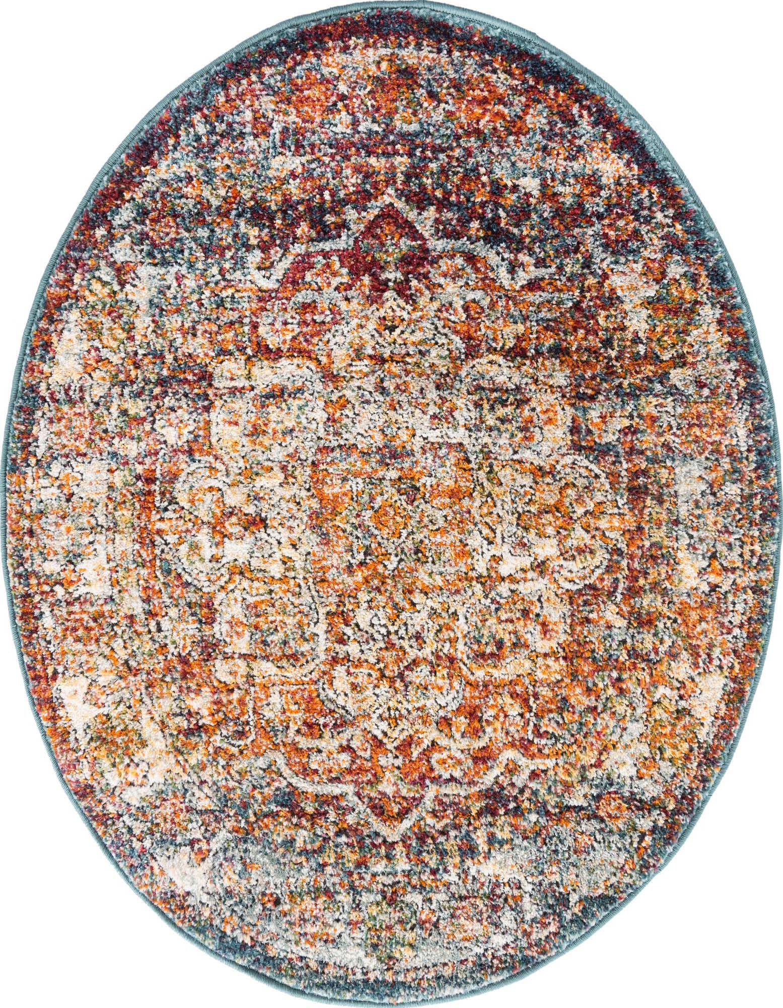 A 3' 3 x 3' 3 round multi-colored rug with a distressed traditional medallion pattern in shades of orange, red, blue, and cream.