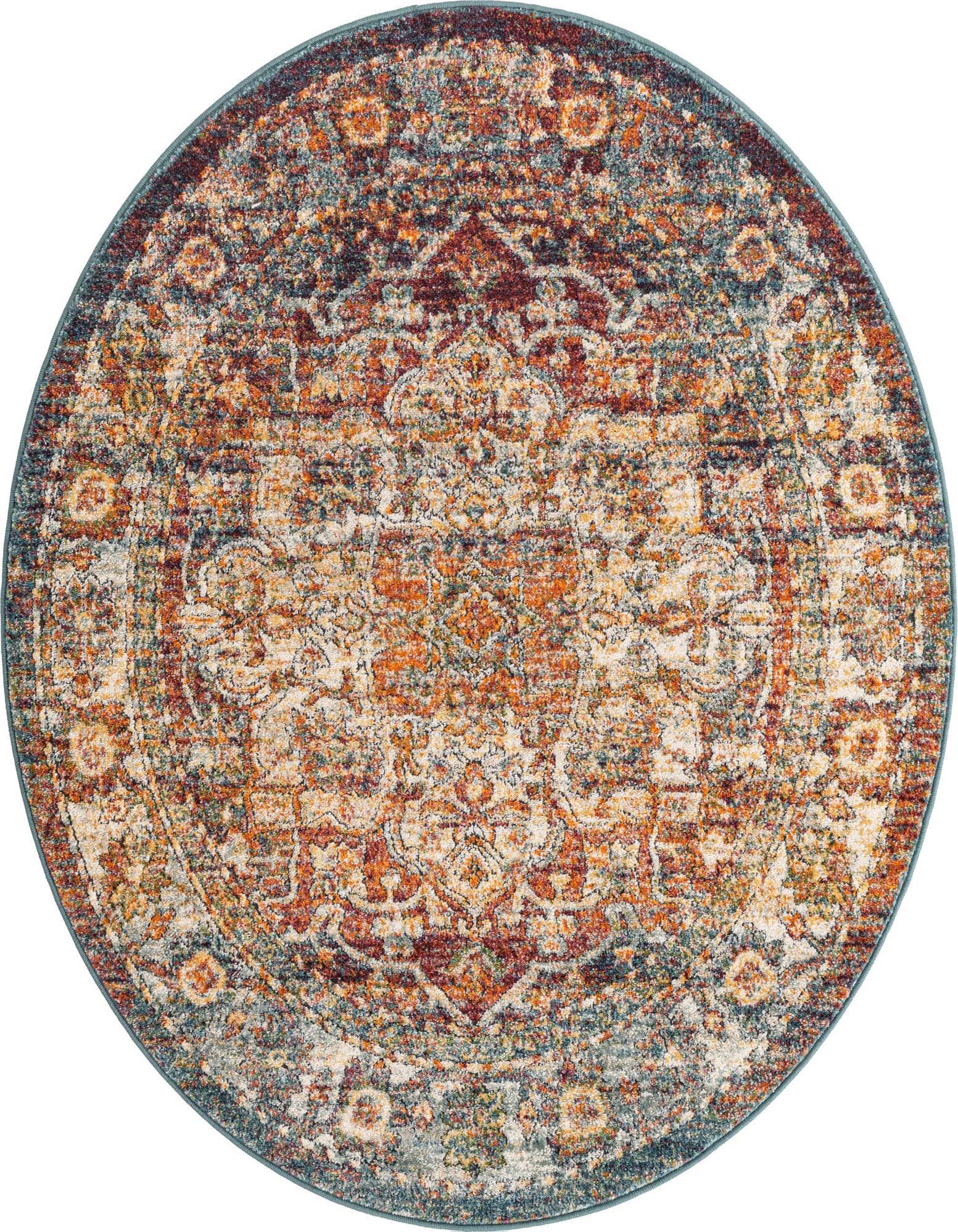 A 5' round multi-colored traditional rug with a vintage medallion pattern and high/low pile, featuring shades of rust, gold, cream, and blue.