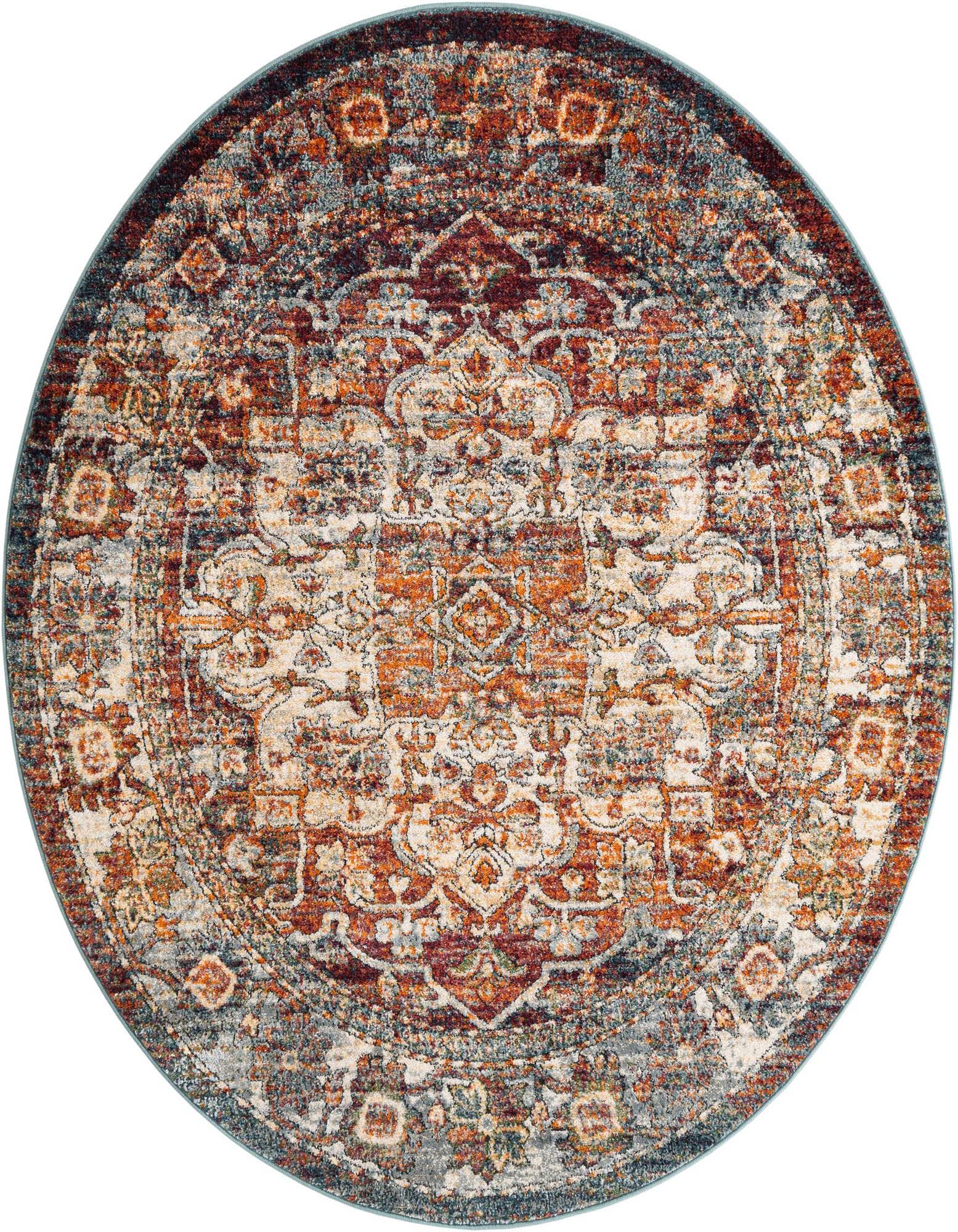 A round, multi-colored Isabella rug with a traditional medallion pattern in distressed orange, red, blue, and cream.