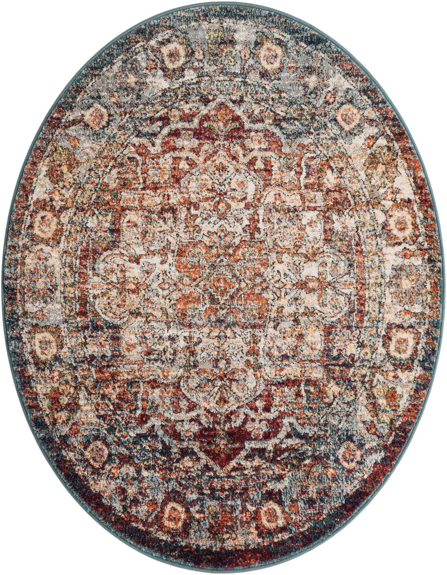 A 4' 1 x 4' 1 round Isabella rug featuring a multi-colored traditional medallion pattern with high/low pile.