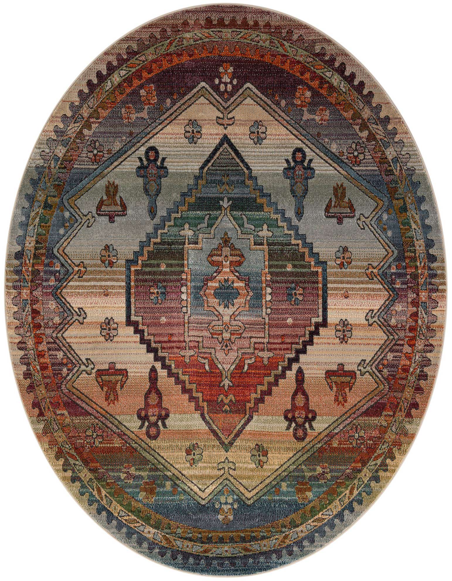 A vibrant 8' round multi-colored rug with a traditional medallion and oriental pattern, featuring shades of blue, red, orange, and beige.