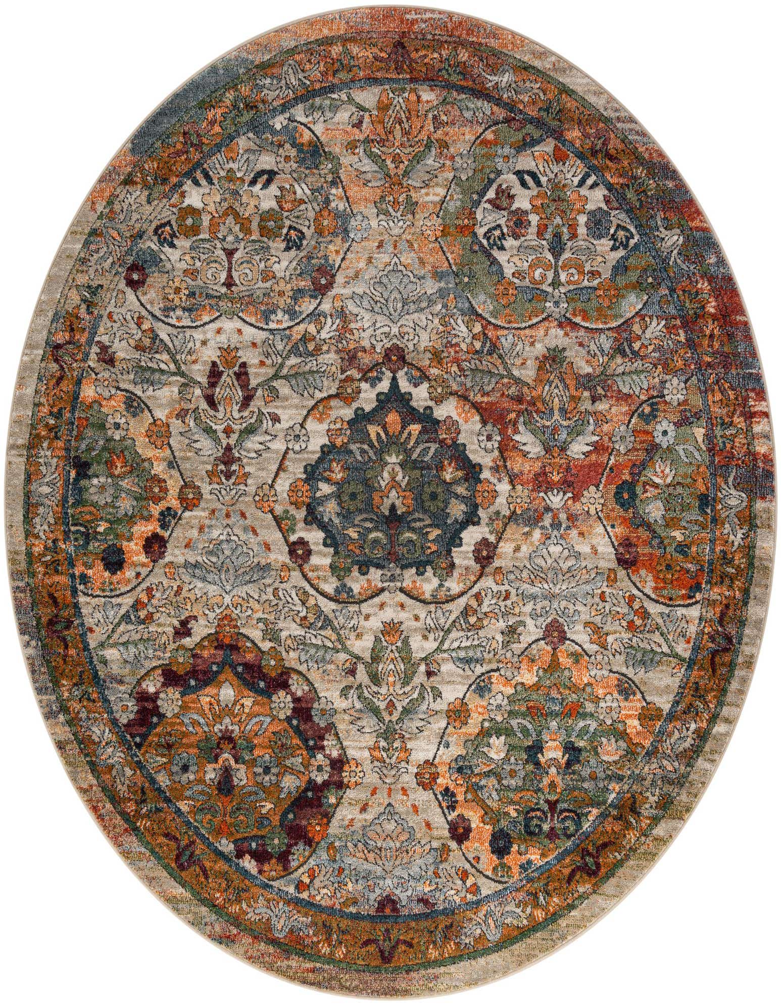 A round, multi-colored Isabella rug with a traditional Oriental pattern featuring floral medallions and a detailed border.