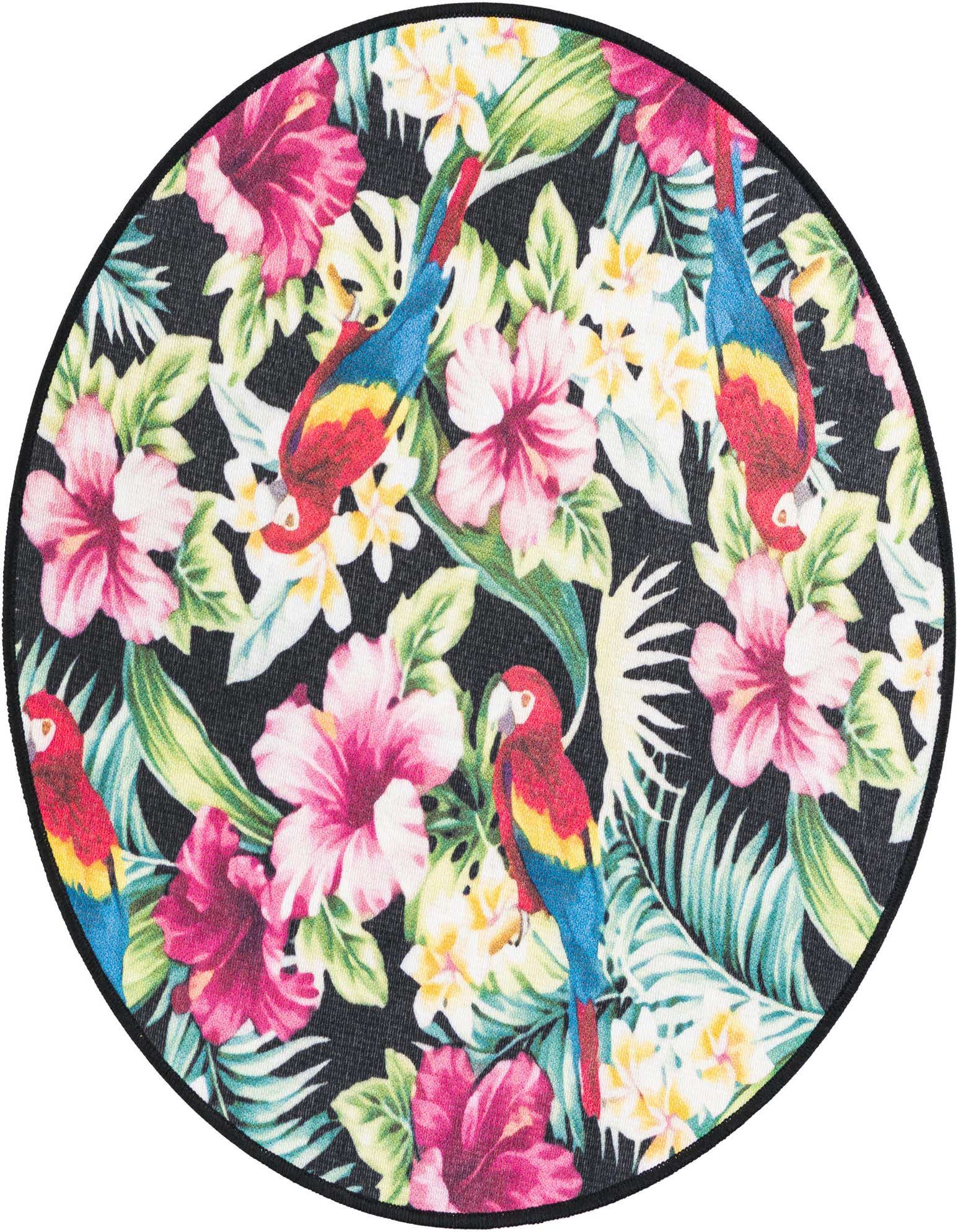 A round, multi-colored tropical rug featuring red parrots, pink hibiscus, and green palm leaves on a black background.
