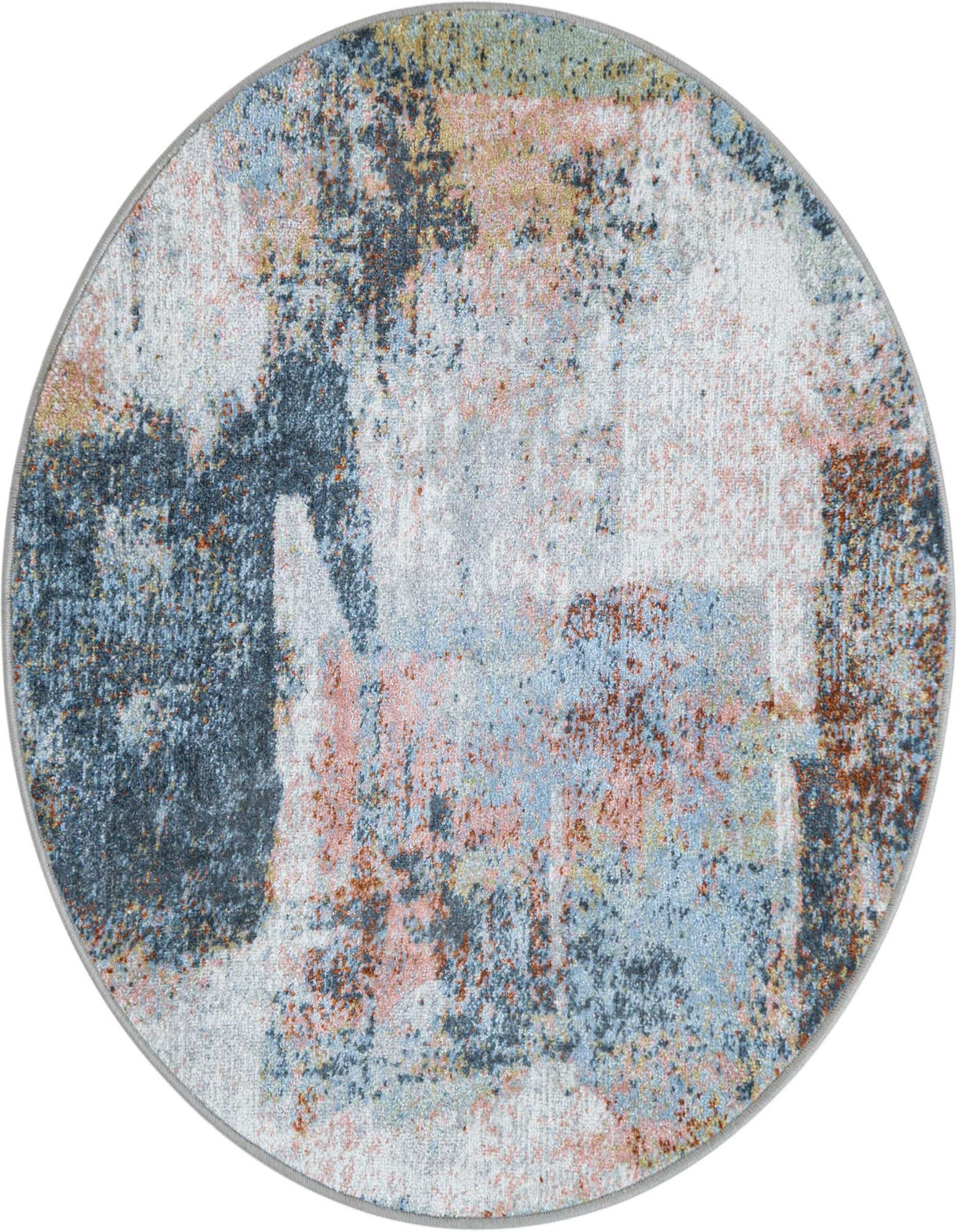 A 3' 3 round multi-colored abstract rug with shades of blue, pink, and orange, ideal for modern indoor spaces.