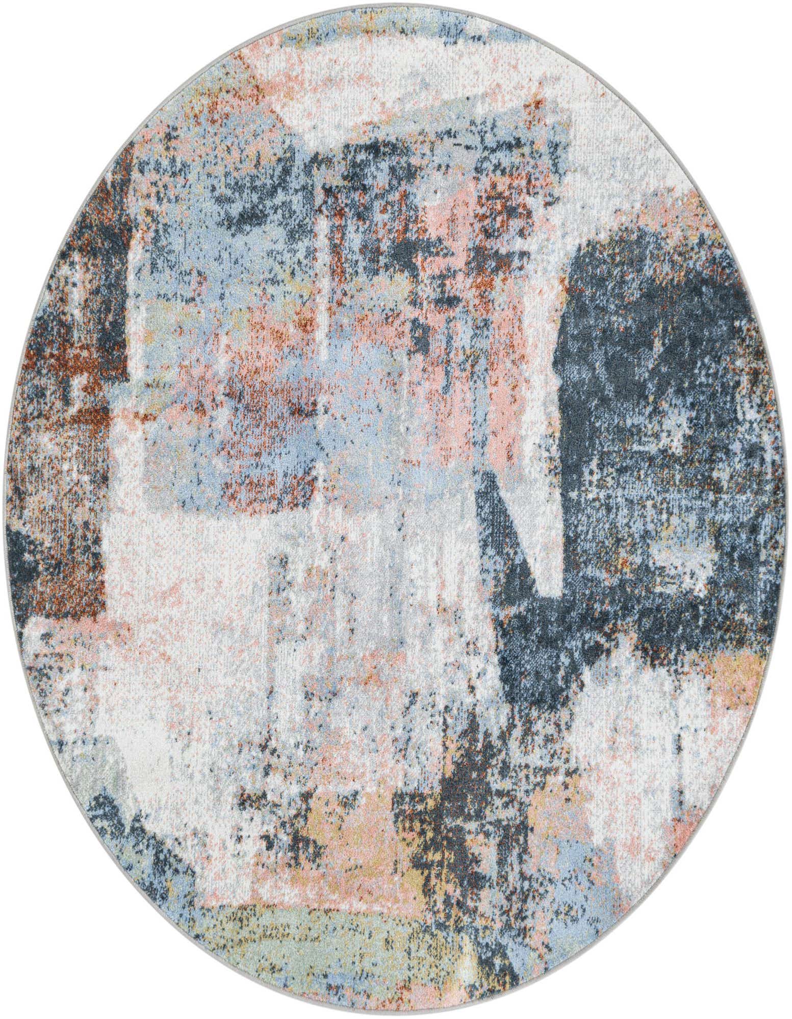 A 5' 3 round multi-colored abstract rug featuring shades of blue, pink, grey, and rust, perfect for a modern indoor space.