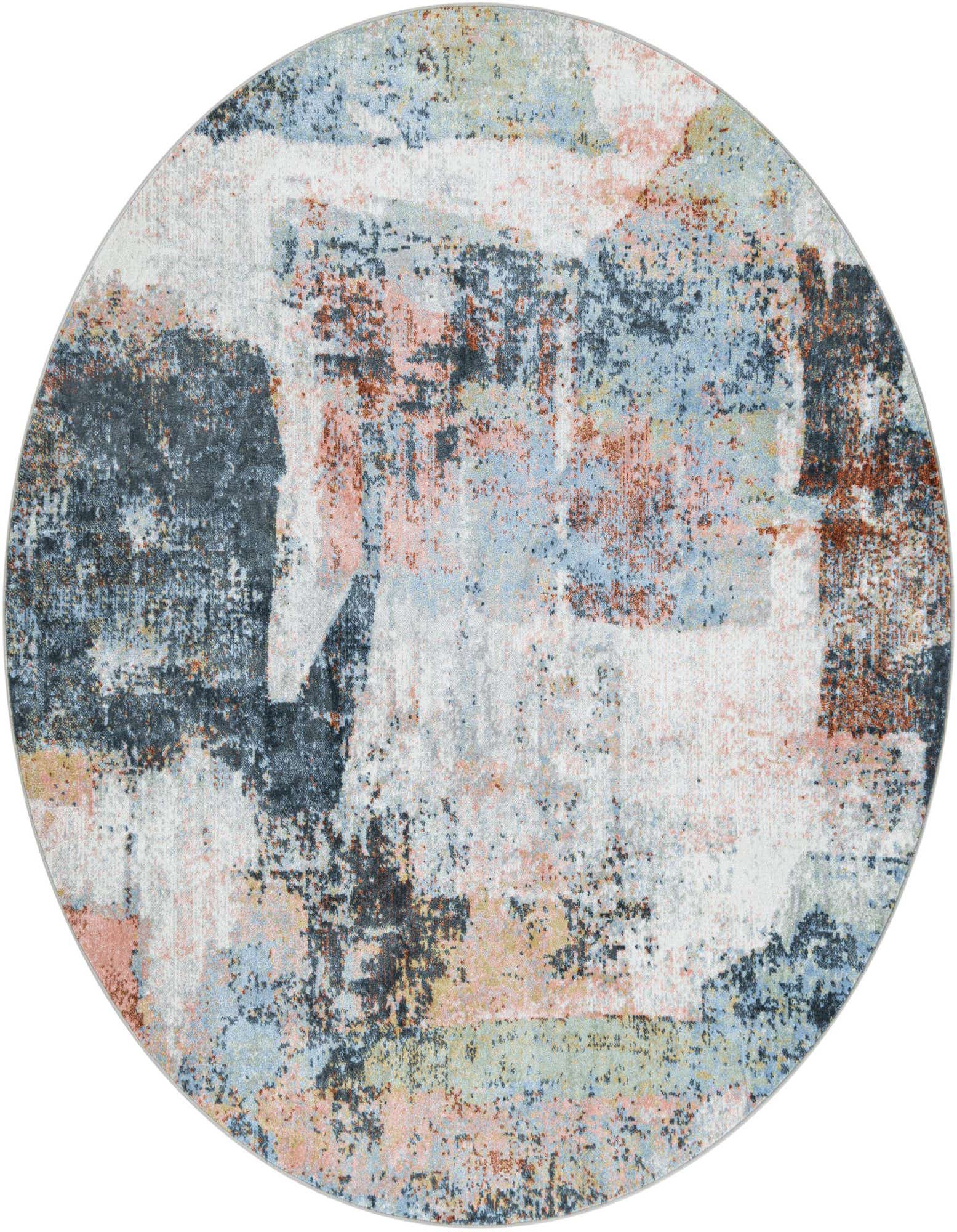 A 7' 10 x 7' 10 round multi-colored abstract rug with a modern coastal design, featuring shades of blue, pink, and grey.