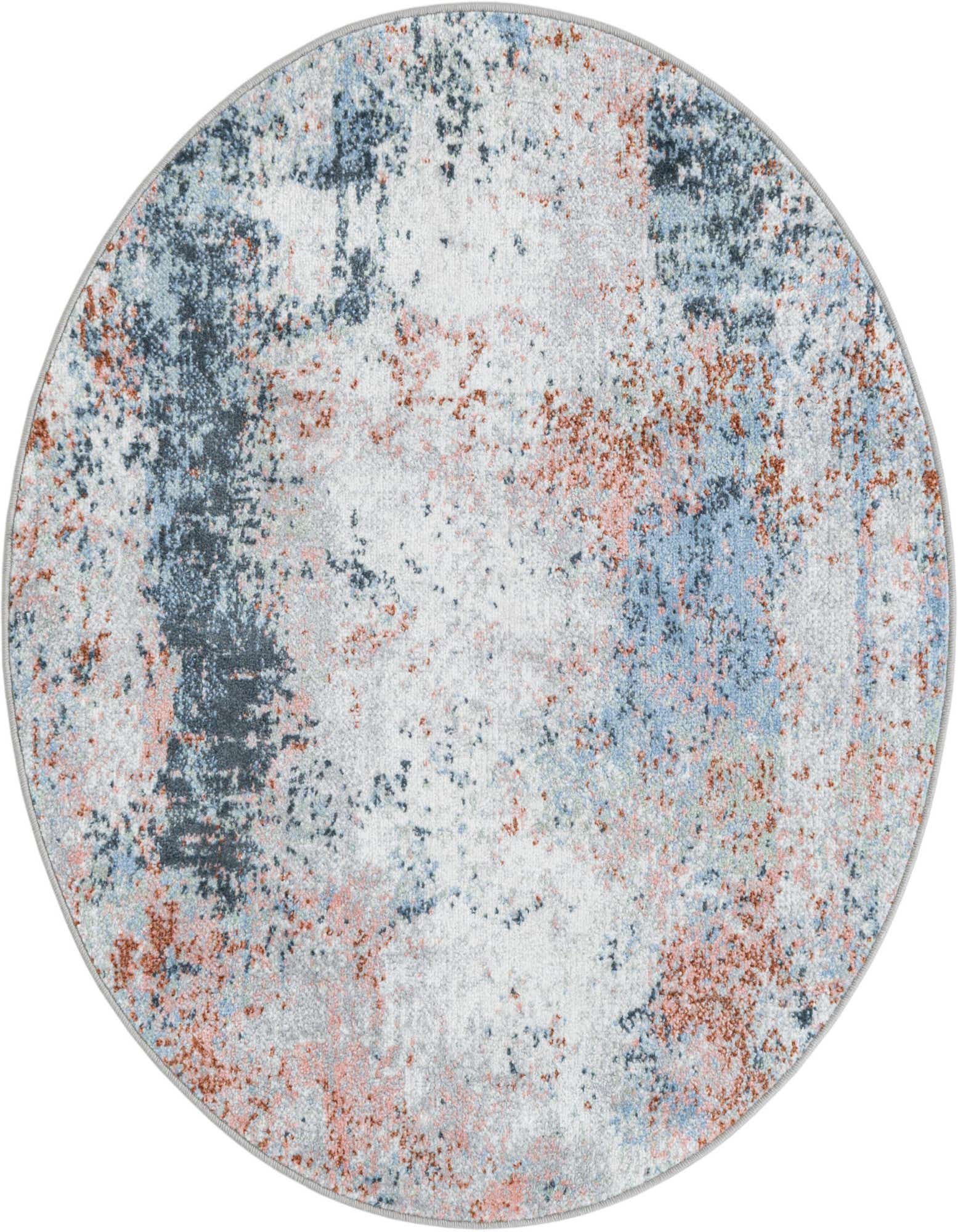 A 3' 3 x 3' 3 round modern abstract rug with multi-colored splashes of blue, pink, and grey on a light background.