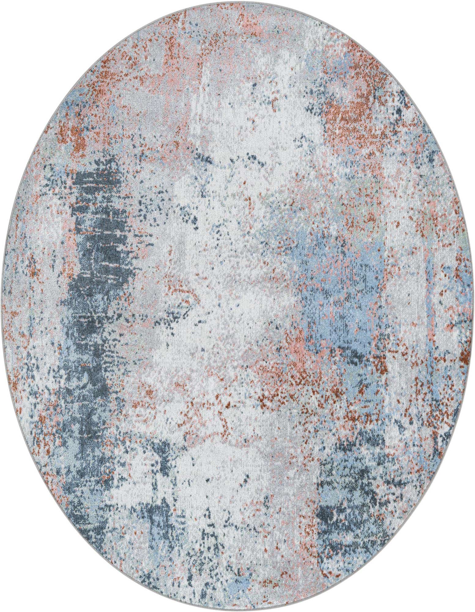 A 5' 3 round modern abstract rug with a multi-colored pattern of blue, pink, gray, and rust tones.