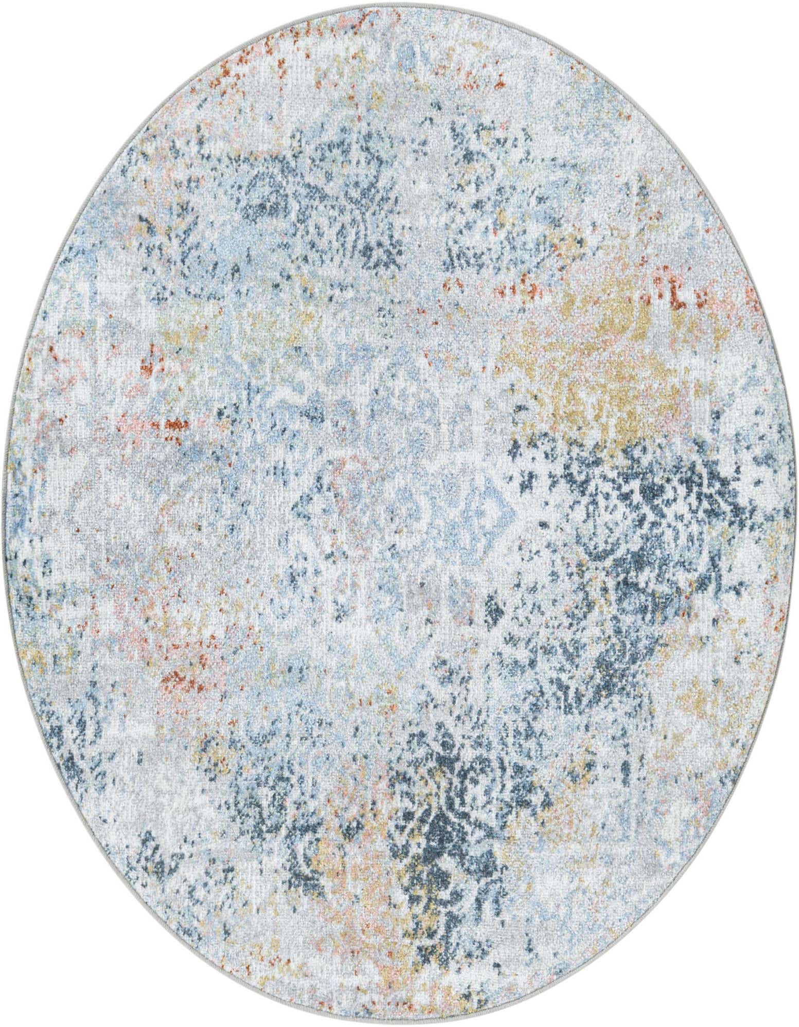 A 3' 3 round multi-colored rug with a distressed traditional medallion pattern in shades of blue, orange, and yellow on a light background.