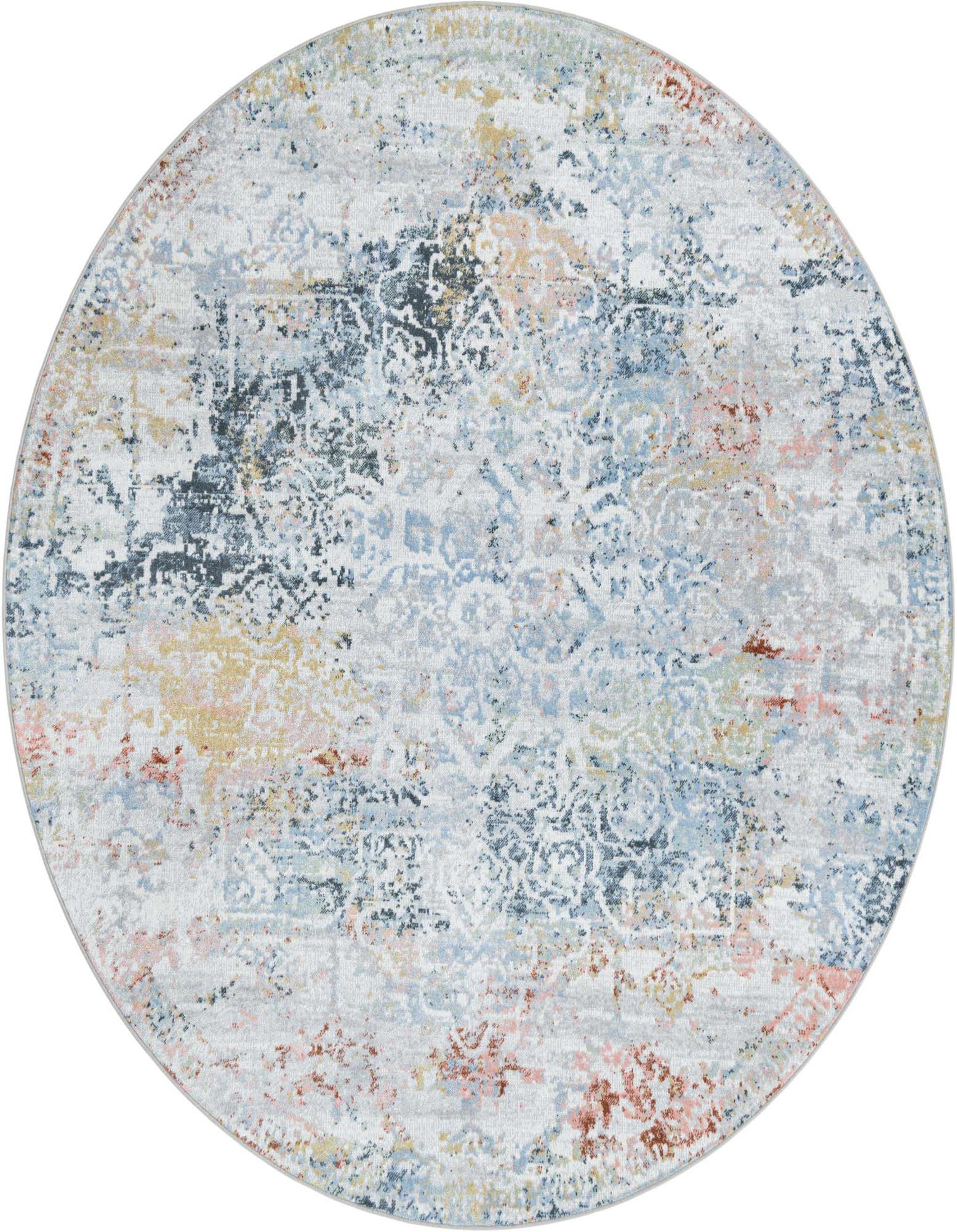 A round, multi-colored area rug with a distressed traditional medallion pattern in shades of blue, pink, yellow, and grey.