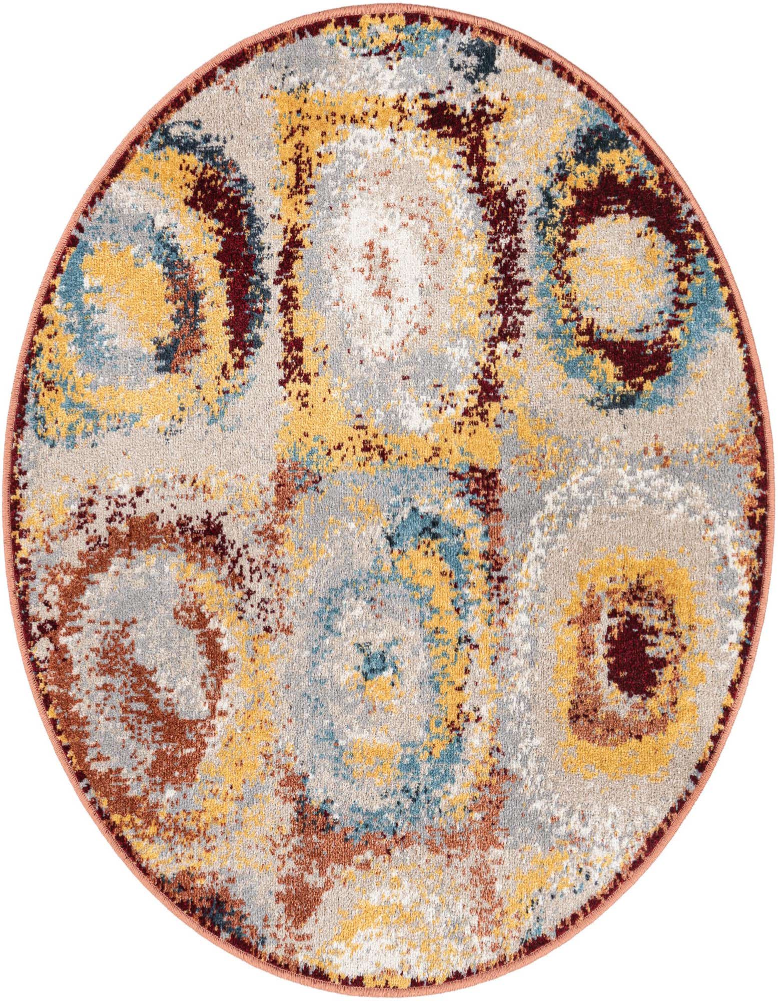 A 3' 3 x 3' 3 round, multi-colored modern abstract rug with a flat pile, featuring shades of yellow, blue, red, and brown on a light background.