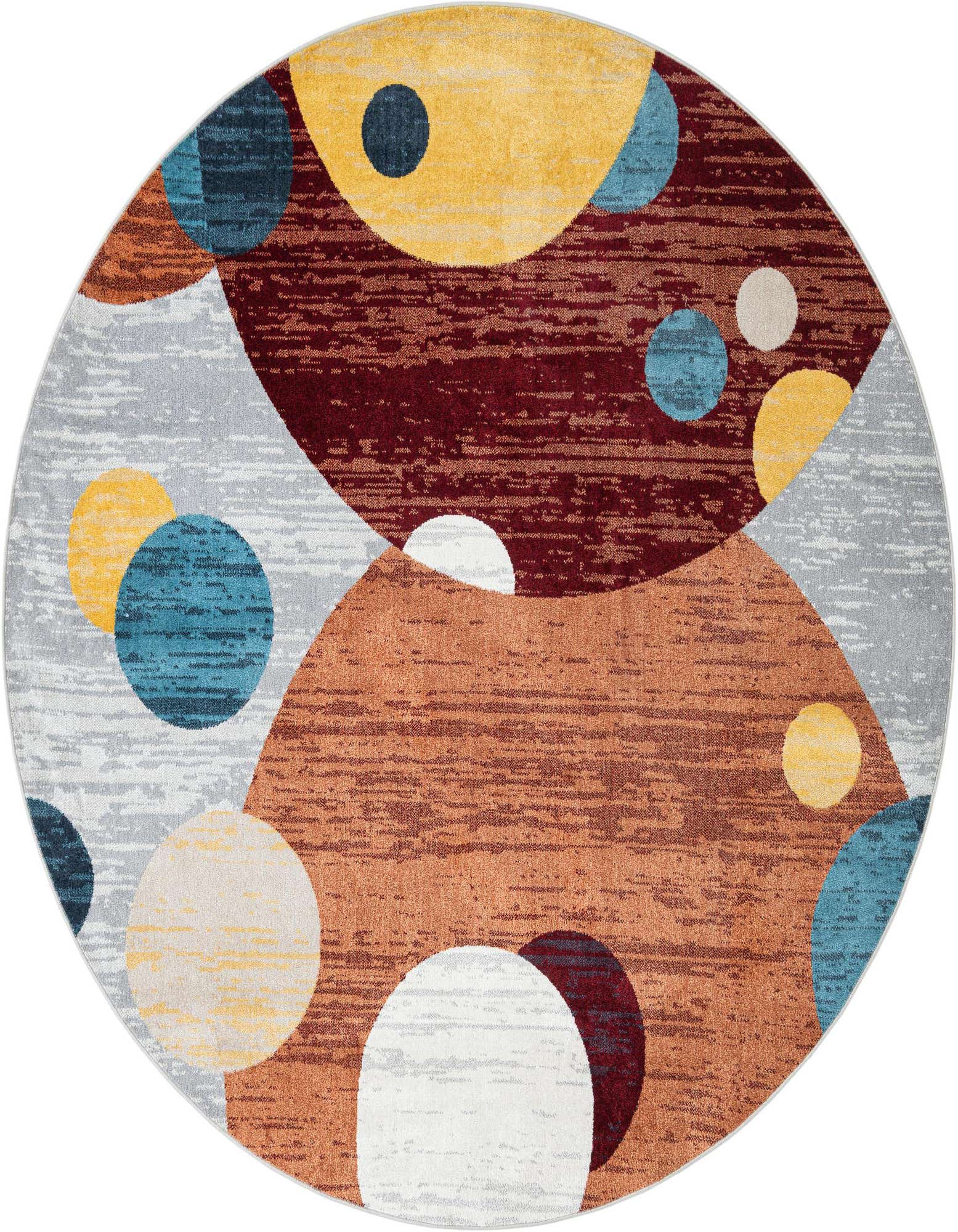 A 7' 10 round multi-colored modern rug with an abstract pattern of overlapping circles and organic shapes in shades of red, orange, yellow, blue, and grey.