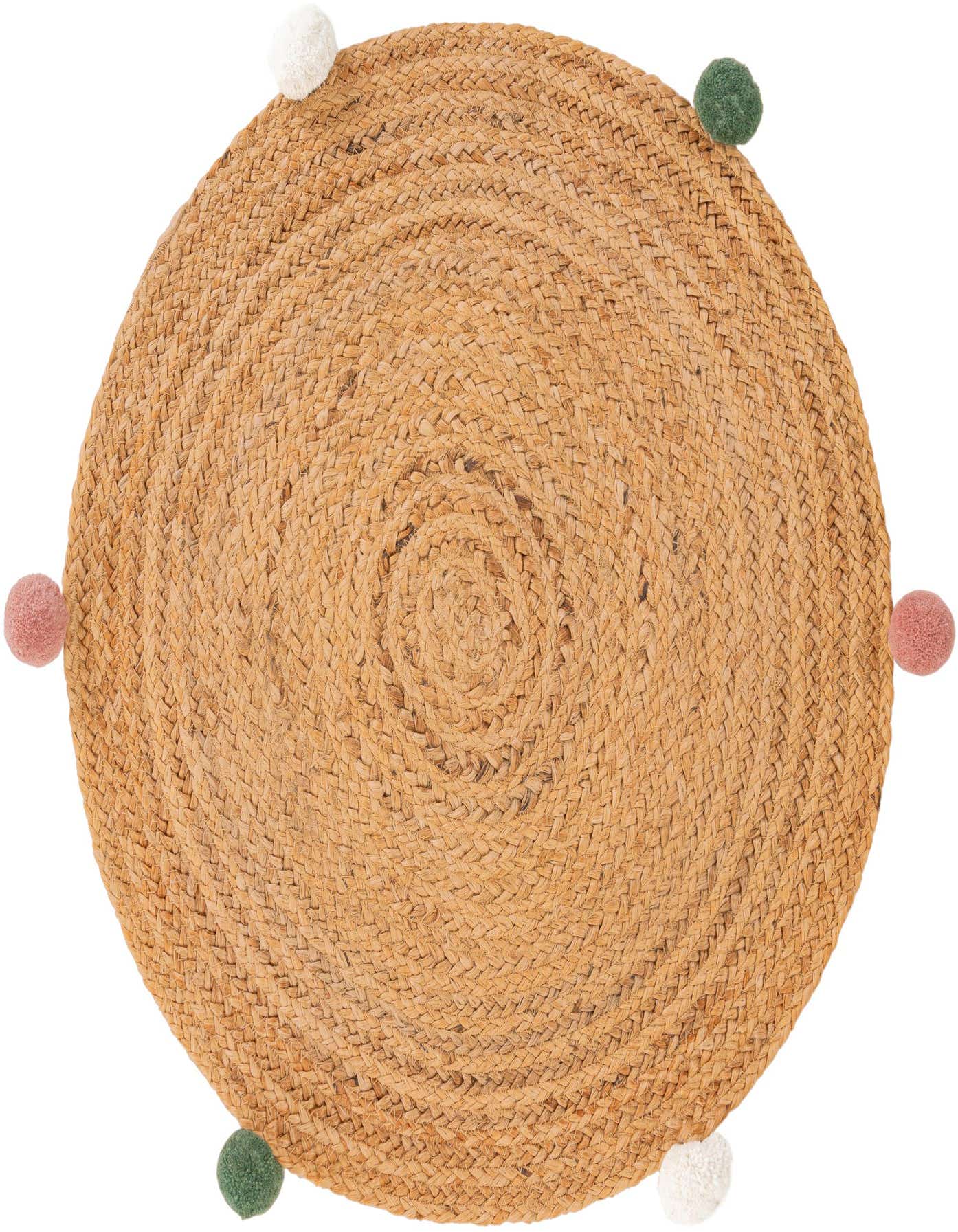 A round, braided jute rug with a natural tan color, featuring colorful pom-poms in white, pink, and green around its edge.