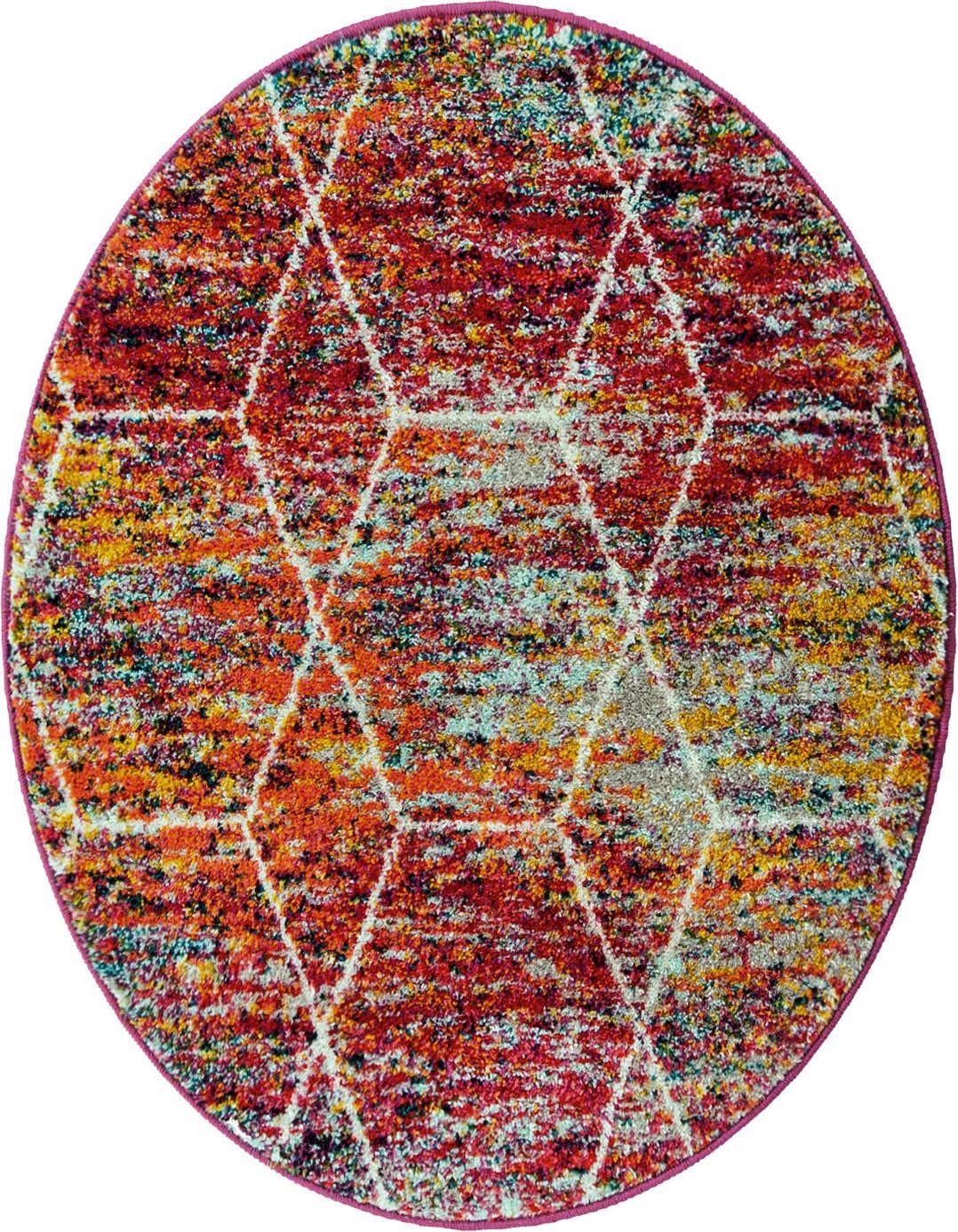 A vibrant 3' round multi-colored modern rug featuring a white trellis pattern over a speckled red, orange, yellow, and blue background.
