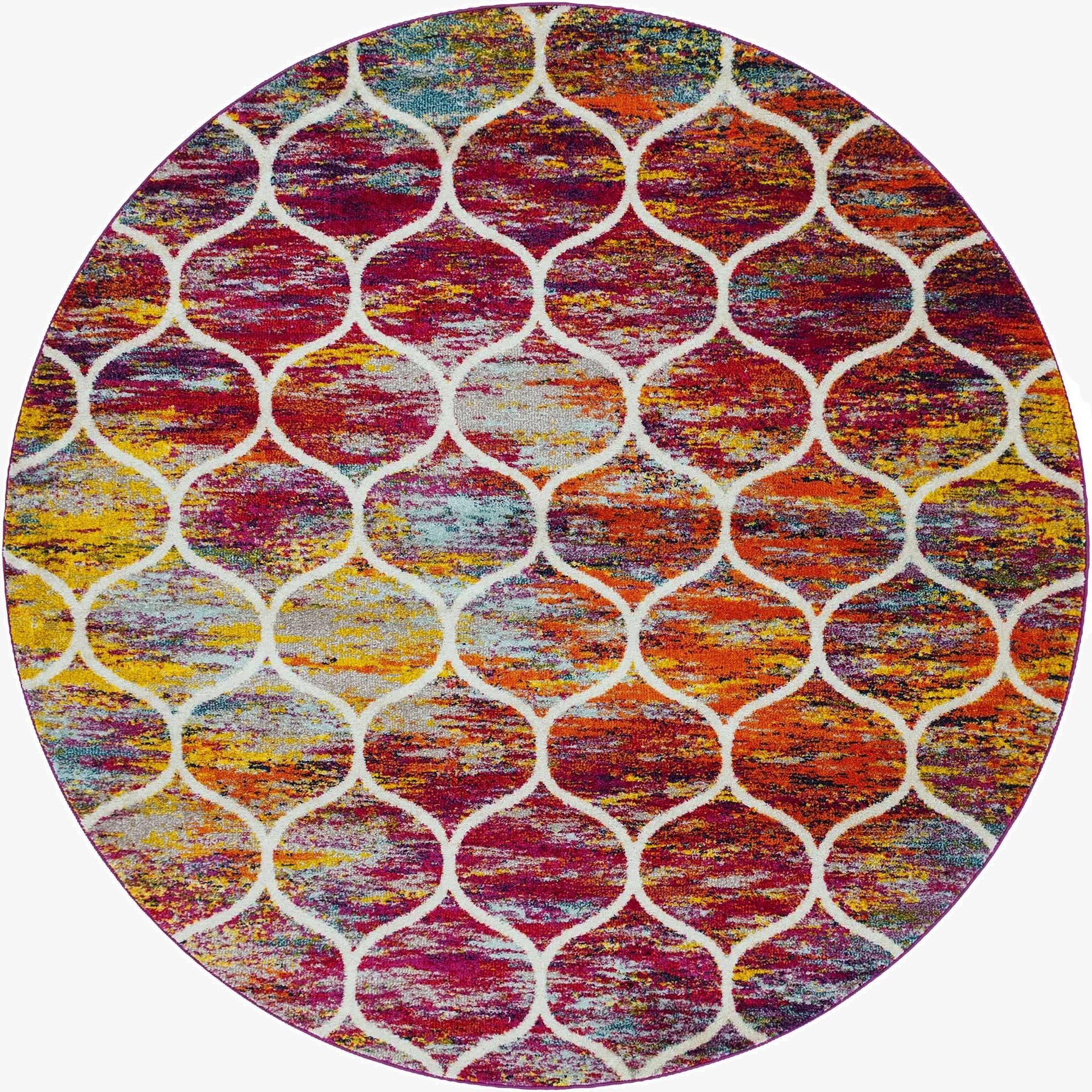 A vibrant 7' 10 round multi-colored modern trellis rug with an abstract distressed pattern and white lattice design.