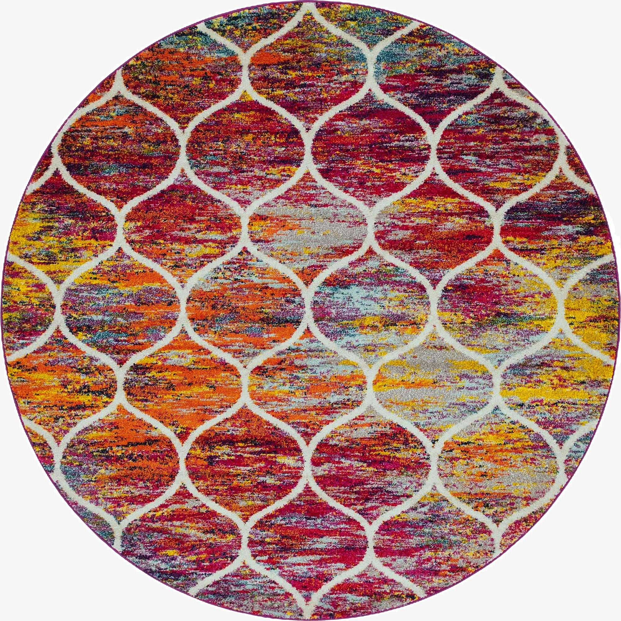 A 6' 0 x 6' 0 round multi-colored modern trellis rug with a vibrant abstract background and white lattice pattern.
