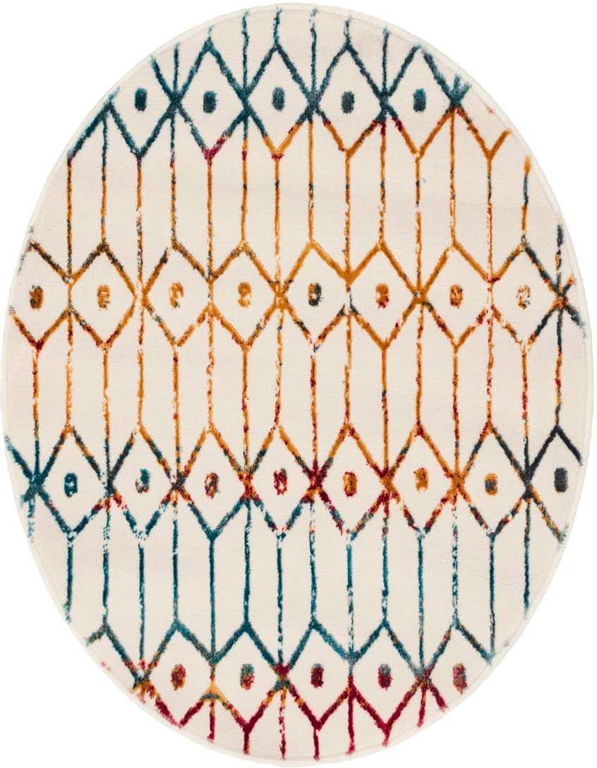 A 3' 3 x 3' 3 round multi-colored rug with a distressed trellis pattern in blue, gold, and red on a white background.