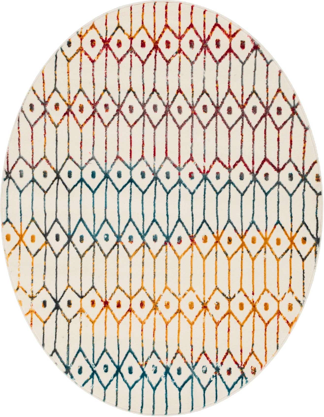 A 5' round multi-colored rug with a geometric trellis pattern in red, blue, and yellow on an off-white background.