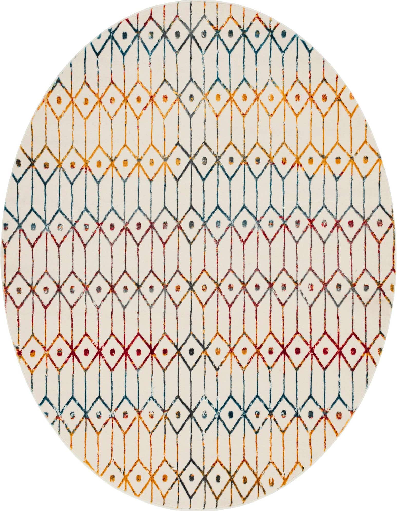 A round 8' 0 x 8' 0 multi-colored rug with a textured trellis pattern in blue, gold, and red on a white background.