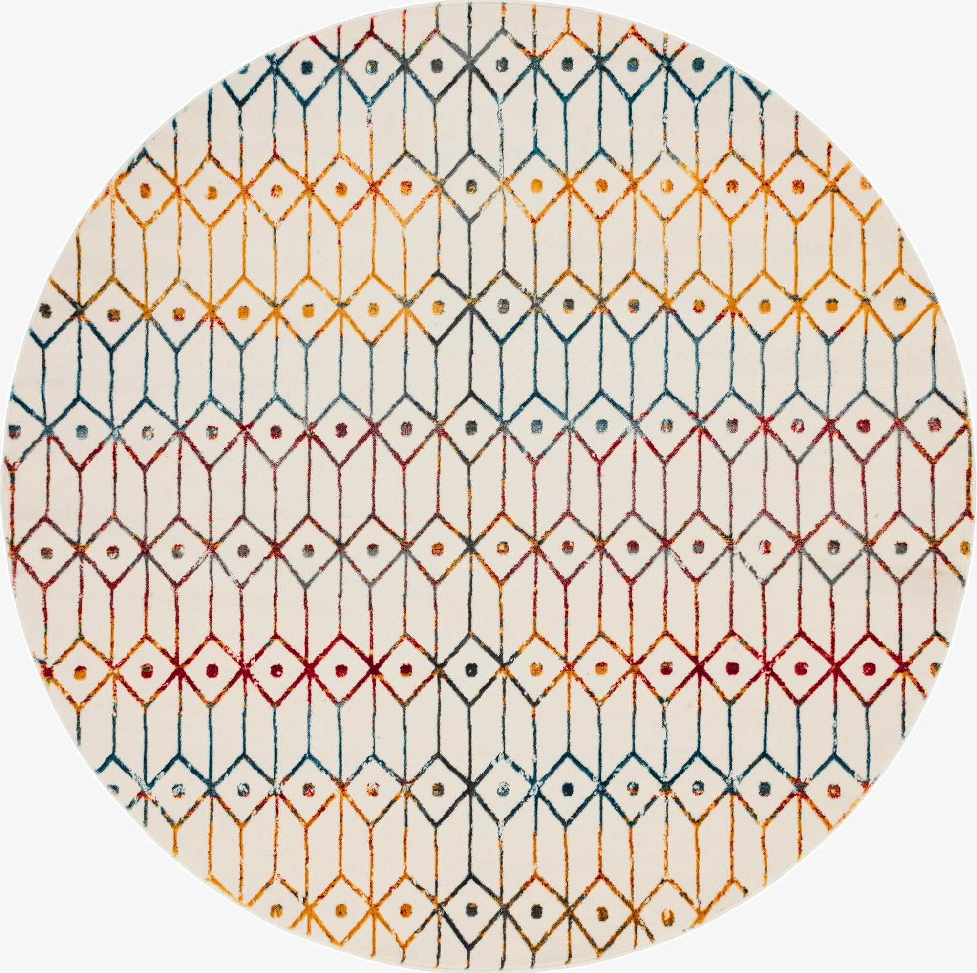 A round 8' 0 x 8' 0 multi-colored rug with a textured trellis pattern in blue, gold, and red on a white background.