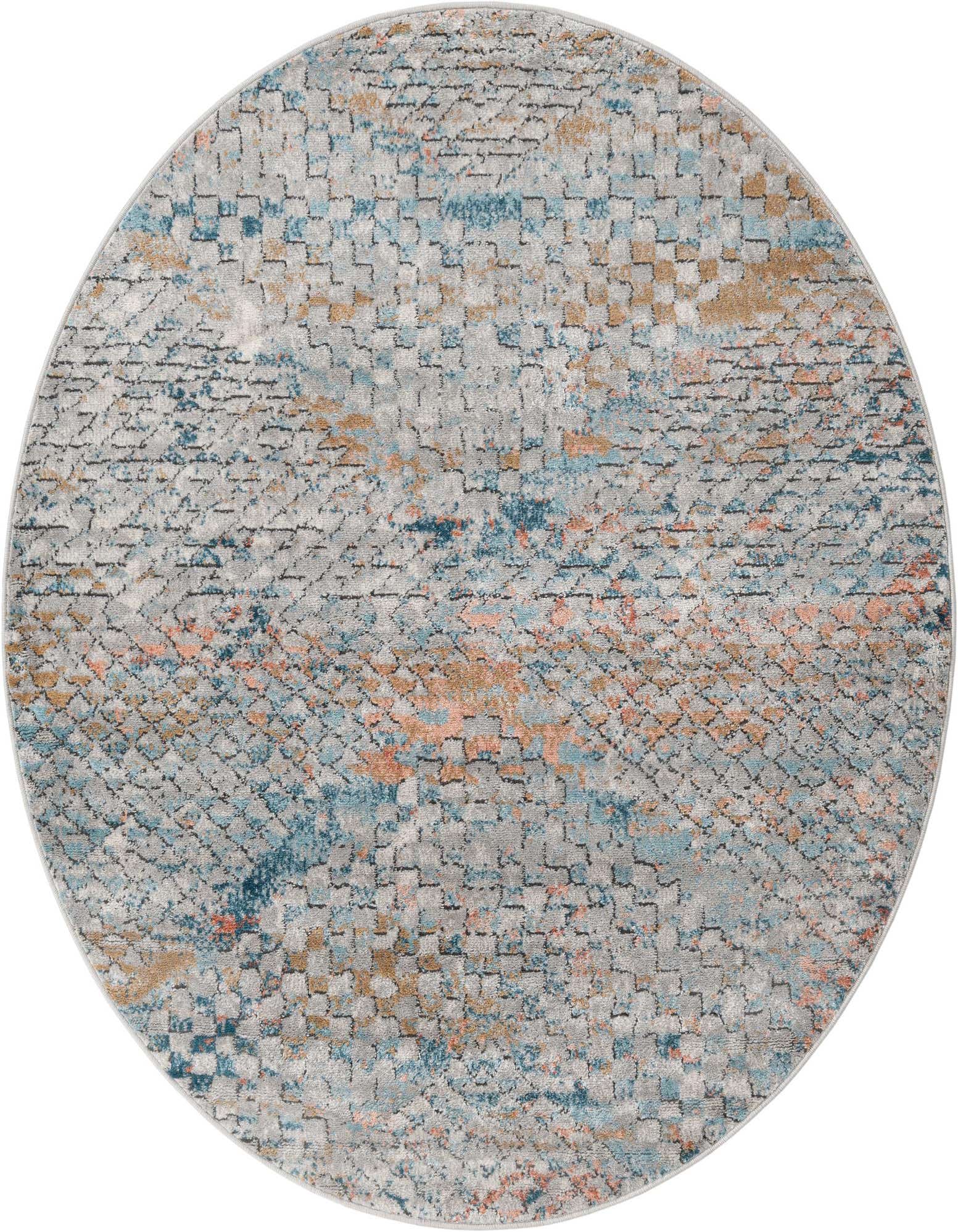 A 5' 3 round modern abstract rug with a multi-colored pattern of blue, orange, and gray tones, featuring a textured pile.