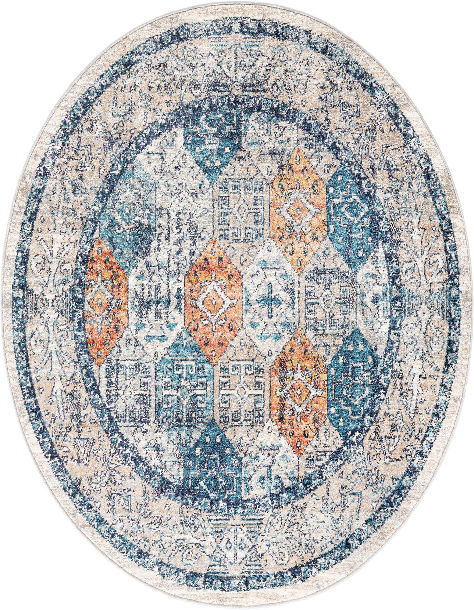 A 5' 2 x 5' 2 round multi-colored rug featuring a distressed traditional pattern with blue, orange, and beige tones.