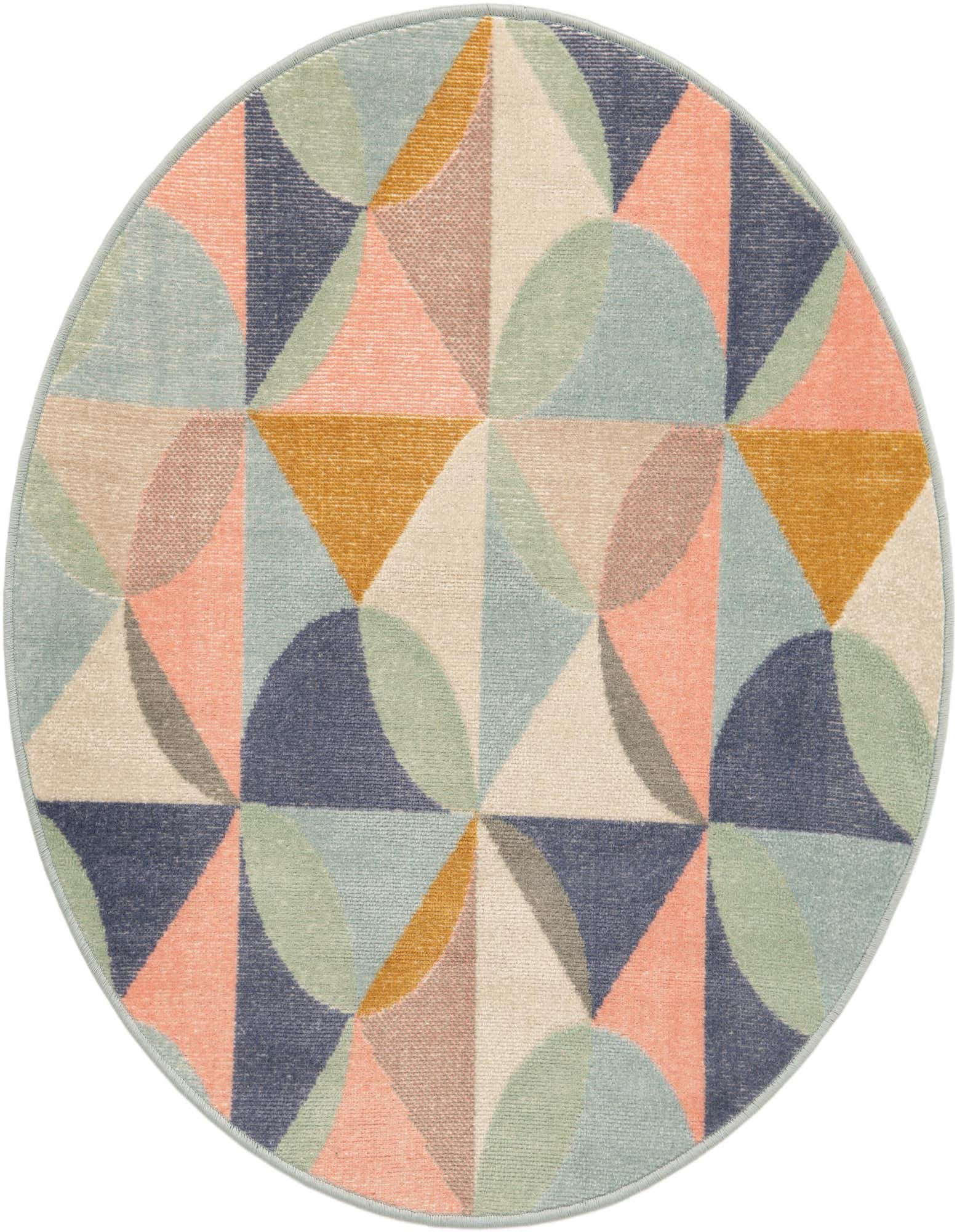 A 3' 3 x 3' 3 round multi-colored rug with a modern abstract geometric pattern featuring triangles and circles in shades of blue, pink, green, and gold.