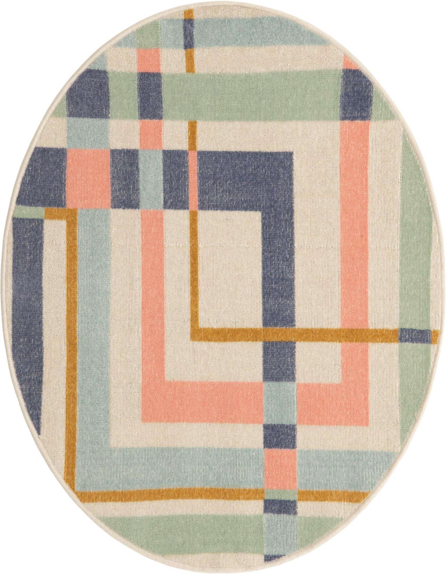 A 3' 3 round multi-colored rug with a modern abstract geometric pattern in shades of blue, pink, green, and gold on a cream background.