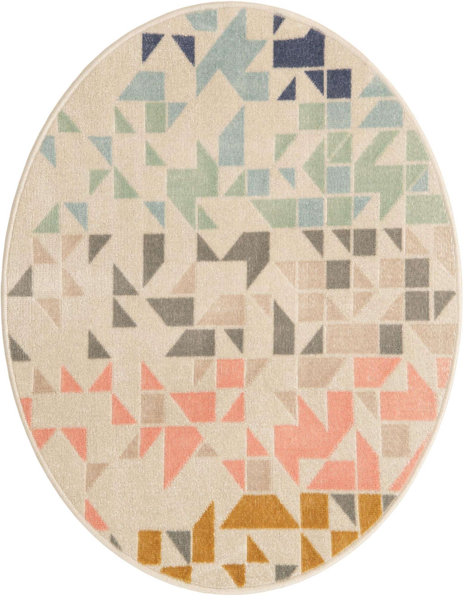 A round, multi-colored rug featuring a modern abstract pattern of geometric shapes in blue, green, pink, and gold on a cream background.