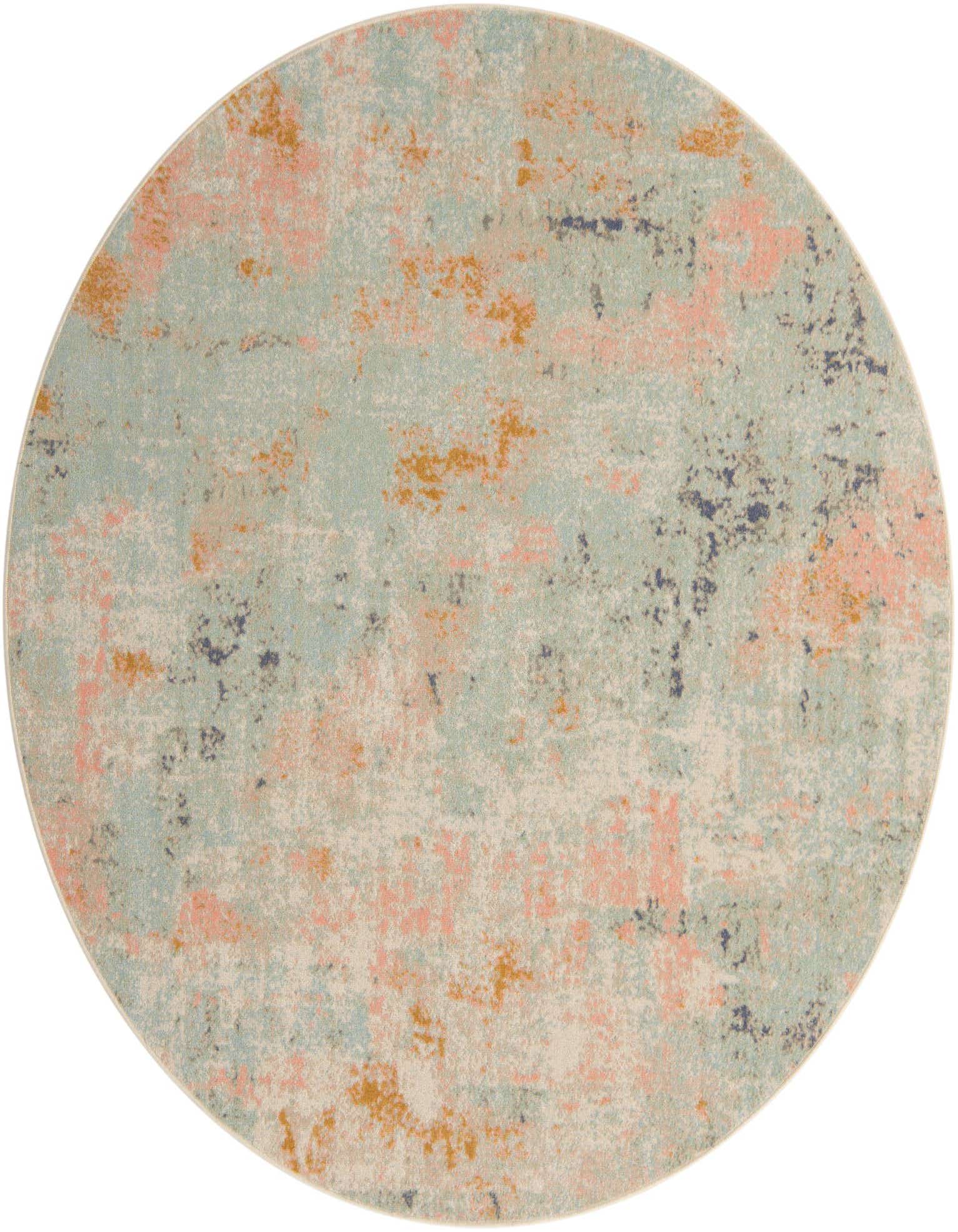 A 7' 0 x 7' 0 round multi-colored rug with an abstract, vintage-inspired pattern in shades of light blue, pink, orange, and navy on a cream background.
