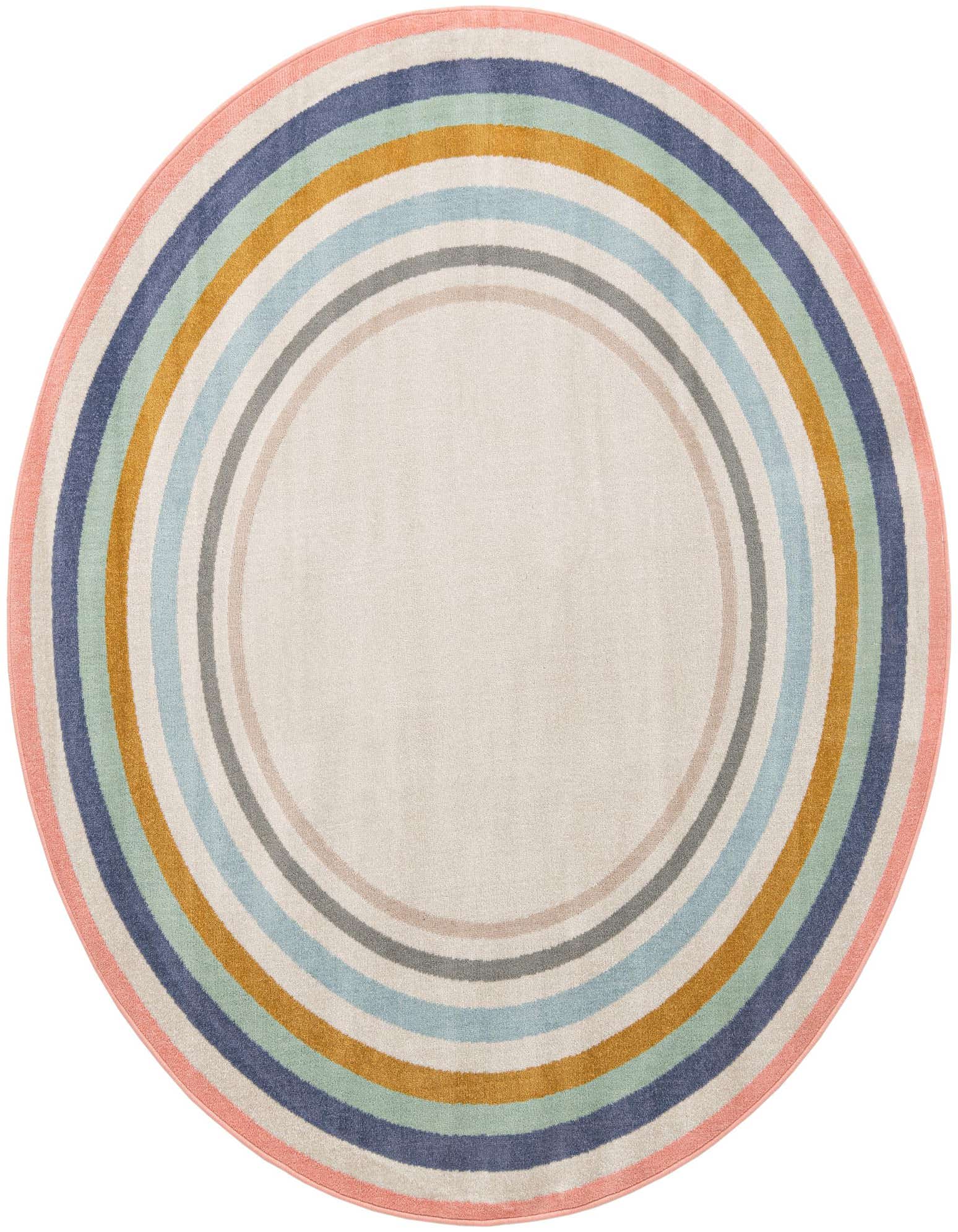 A round, multi-colored flatweave rug featuring concentric stripes in muted pink, blue, green, gold, and grey around a cream center.