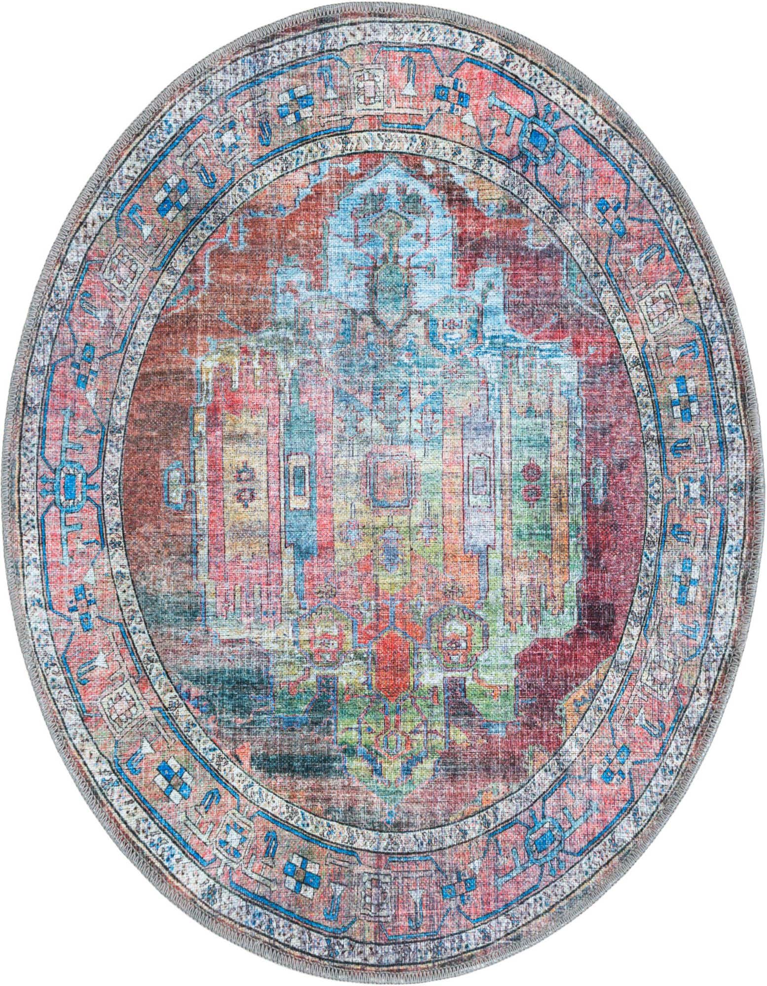 A 3' 3 x 3' 3 round multi-colored traditional rug with a vintage medallion pattern and tribal border.
