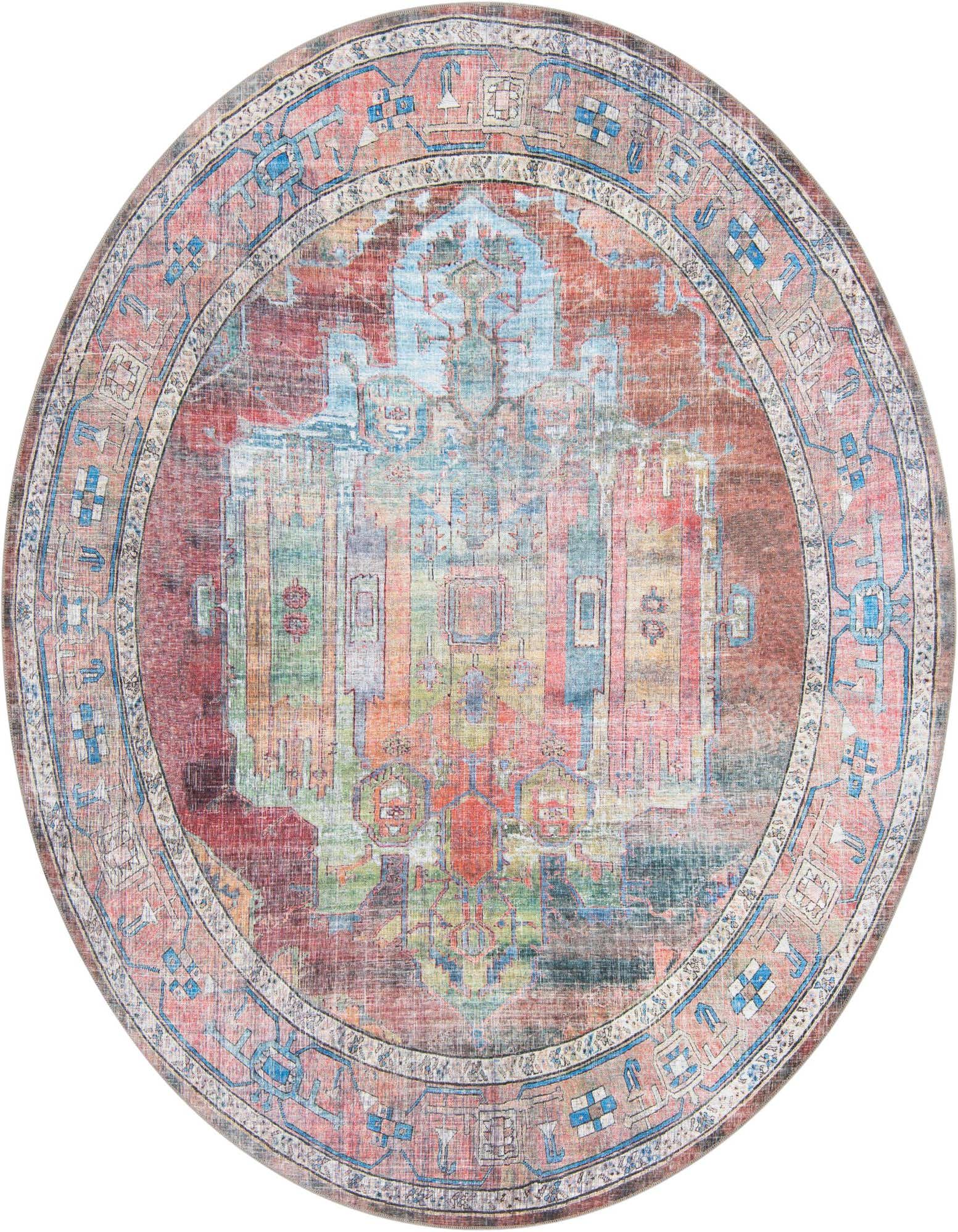 A 7' 10 round multi-colored traditional rug with a distressed medallion and tribal border pattern.