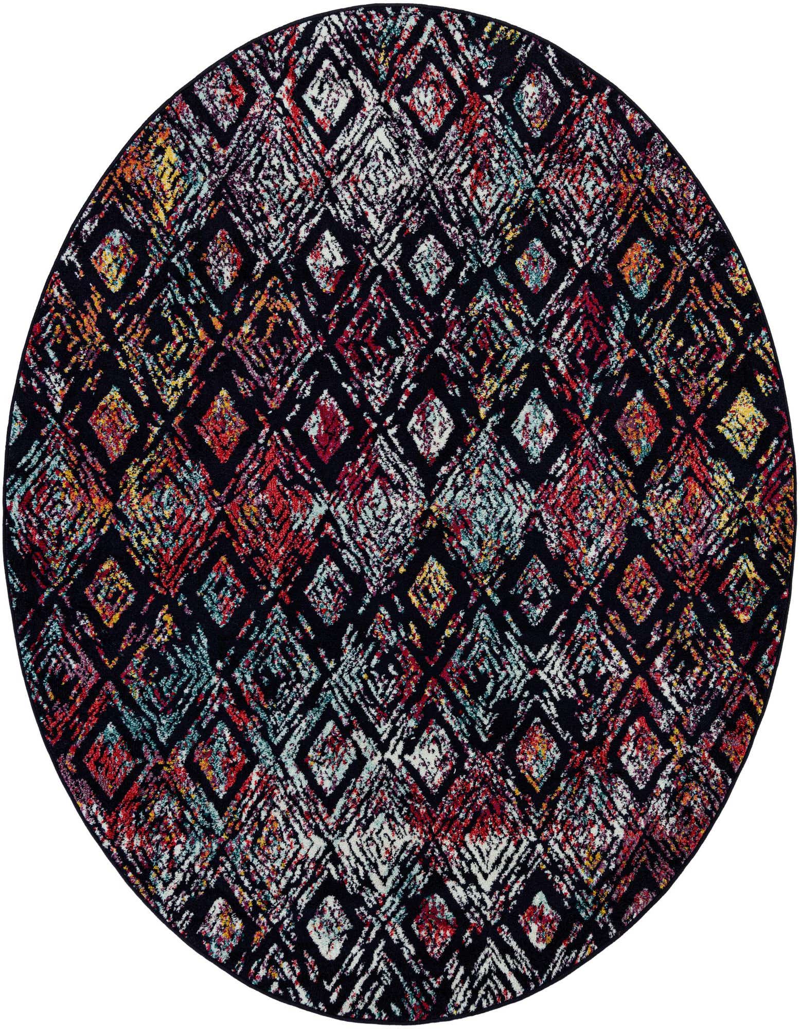 A round, multi-colored rug featuring a distressed diamond pattern in black, red, yellow, and blue hues.