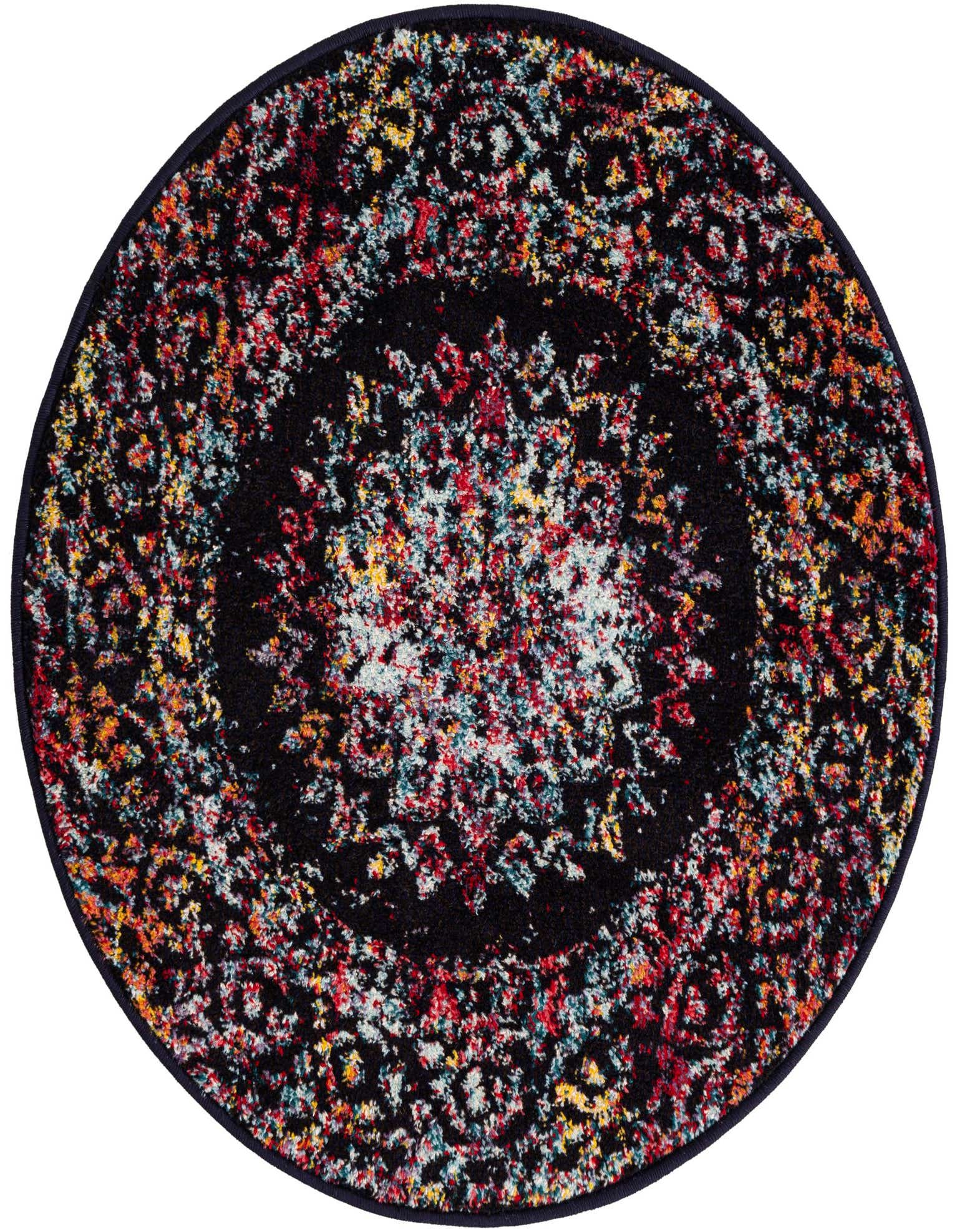 A 3' 0 x 3' 0 round multi-colored rug with a speckled abstract pattern and a dark border.