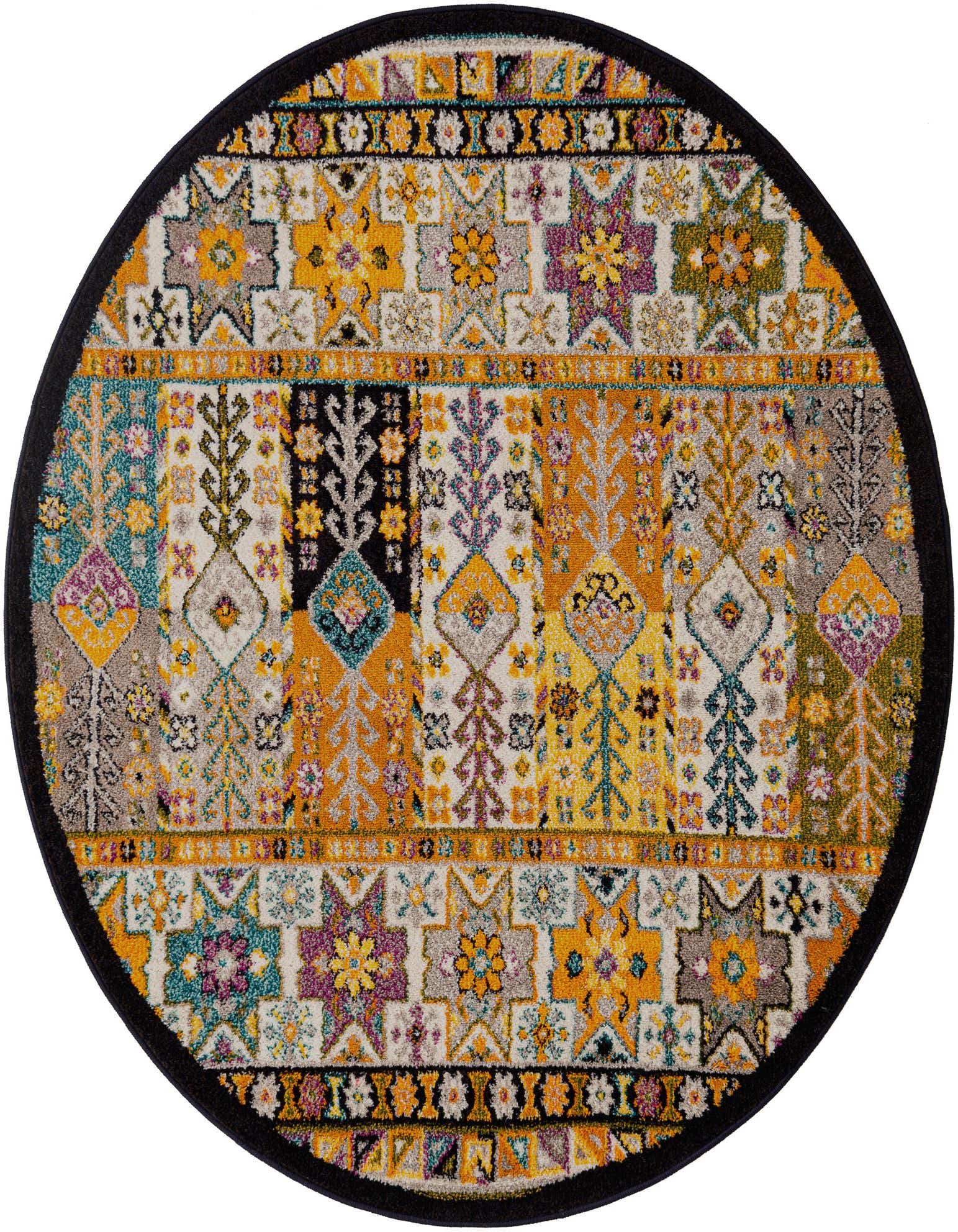 A 5'3" round multi-colored rug with a vibrant geometric and floral medallion pattern, featuring shades of yellow, teal, purple, and grey, with a dark border.
