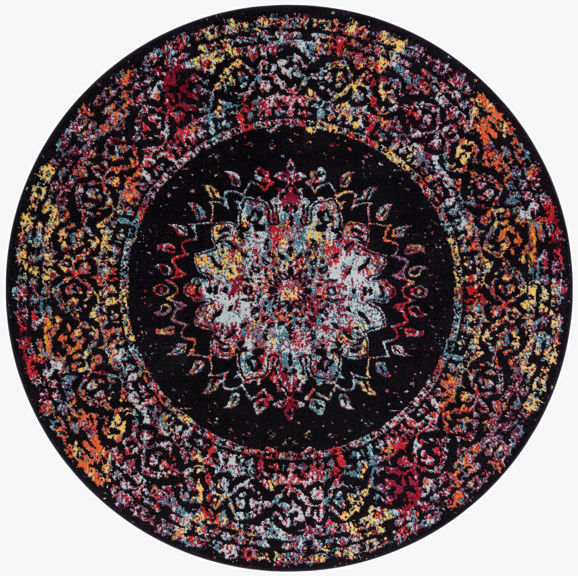 A vibrant 7' 10 round multi-colored rug with a distressed medallion pattern on a black background.
