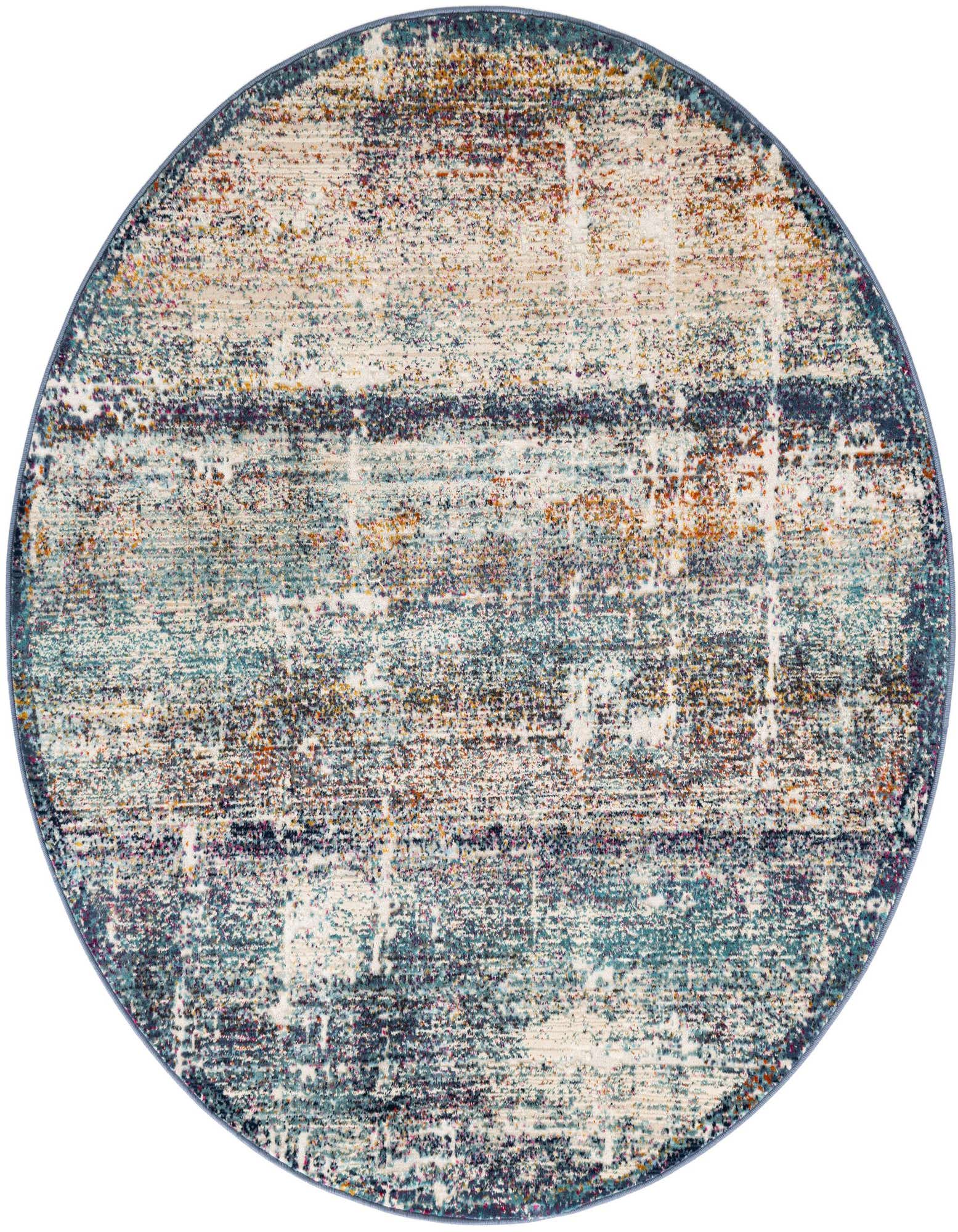 A 5' 2 round multi-colored abstract rug with a distressed urban pattern in blues, creams, oranges, and purples.