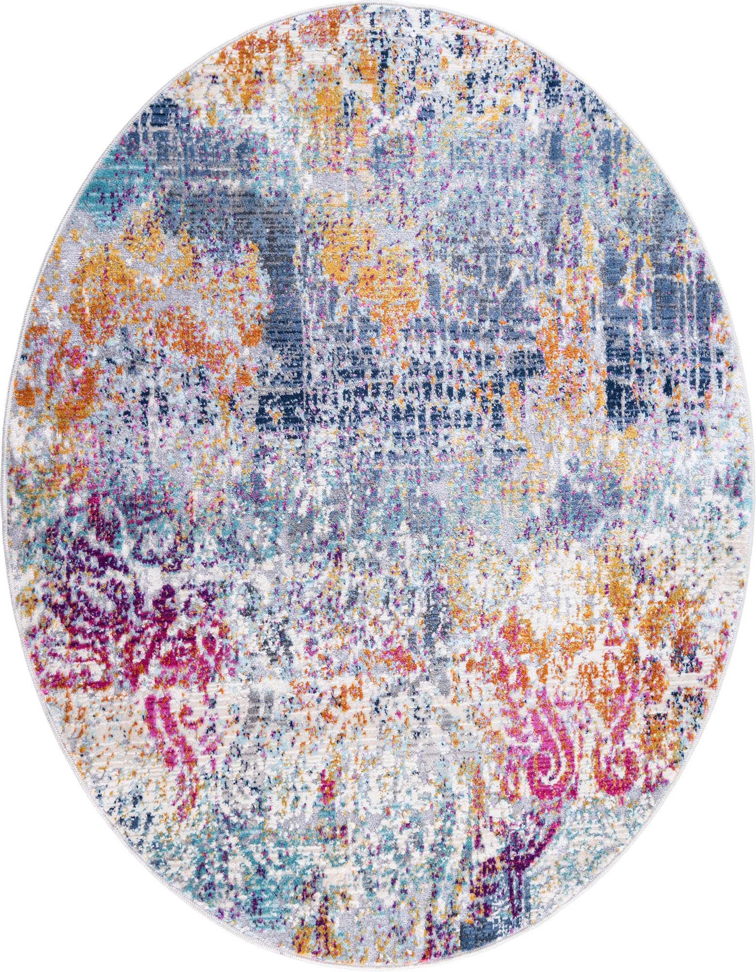 A 3' 7 round multi-colored Bohemian rug from the Malibu Collection, featuring a vibrant abstract pattern with shades of blue, orange, pink, and white.